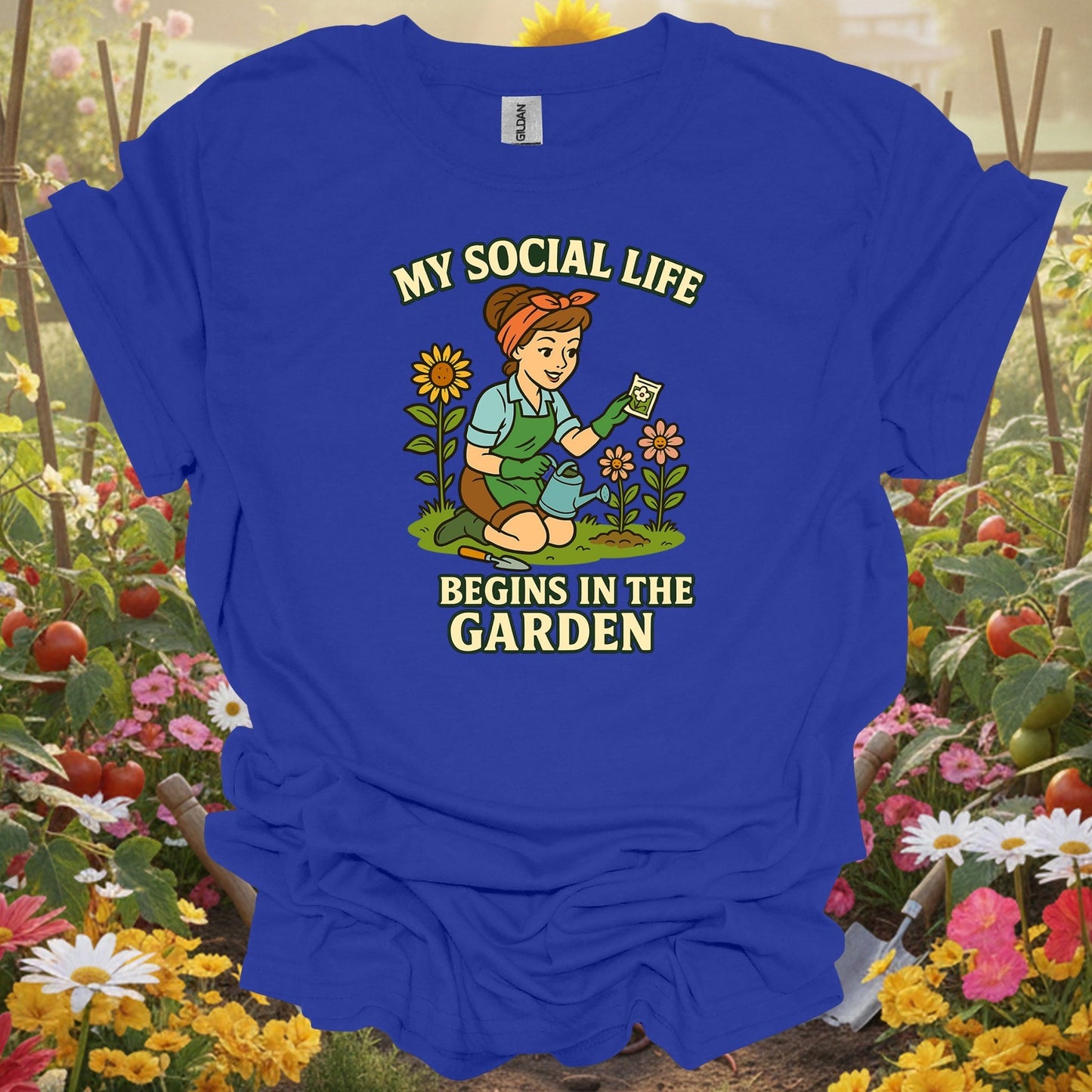 Royal top showing my social life begins in the garden pin-up for green thumb folks