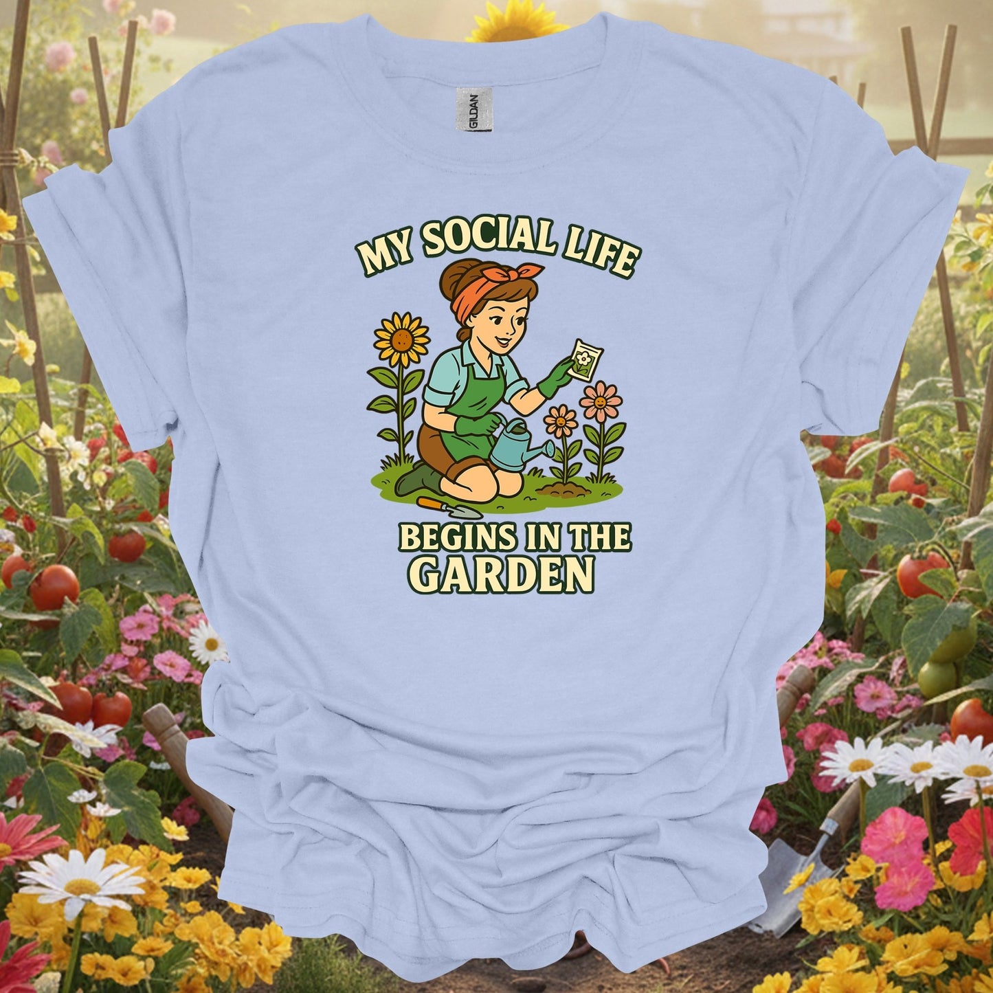 Light Blue shirt showing my social life begins in the garden pin-up for home gardeners