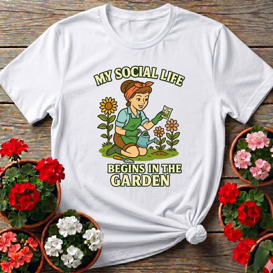 My Social Life Begins In The Garden Pin-Up Tee - GardeningTshirts