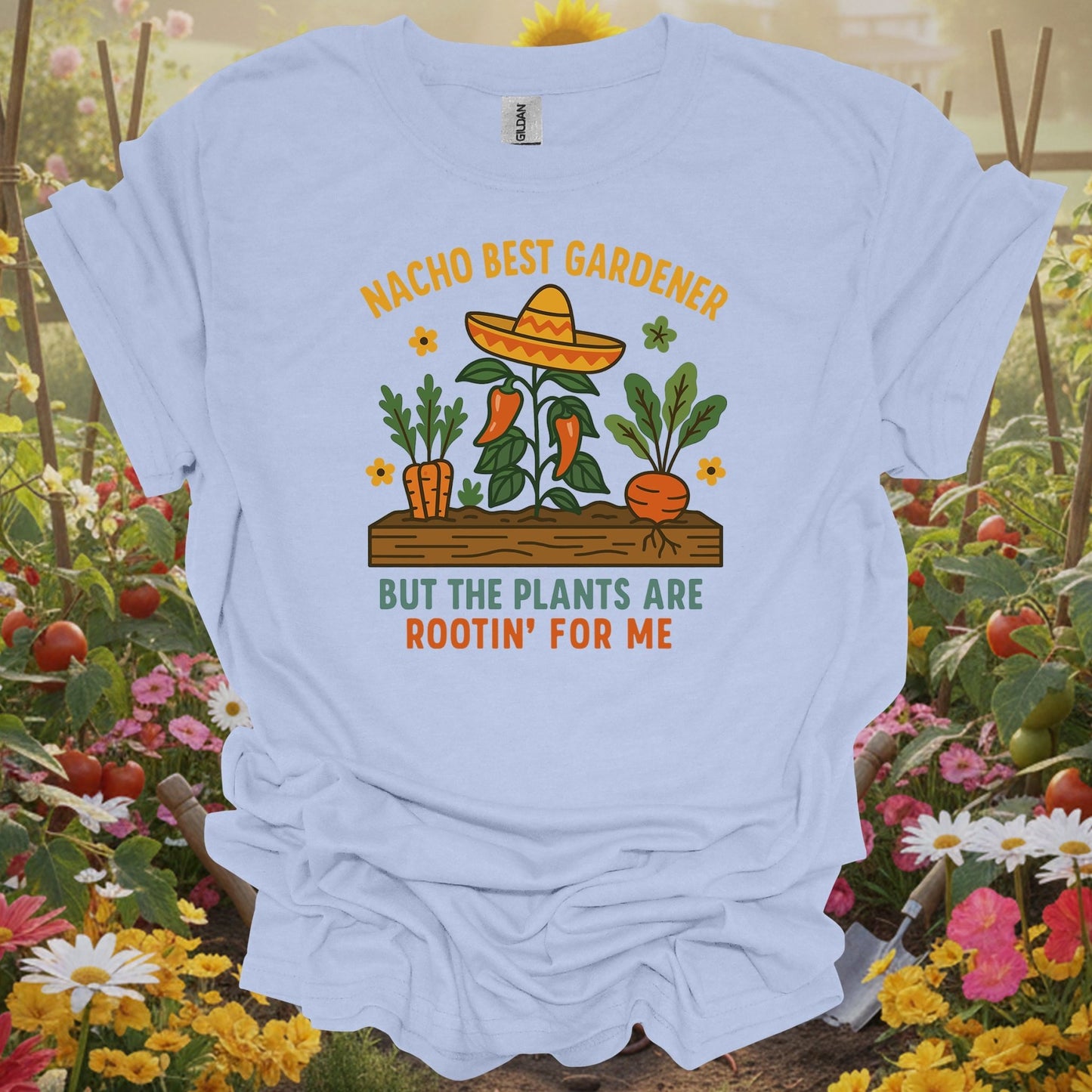 Light Blue shirt showing nacho best gardener funny botanical for home gardeners