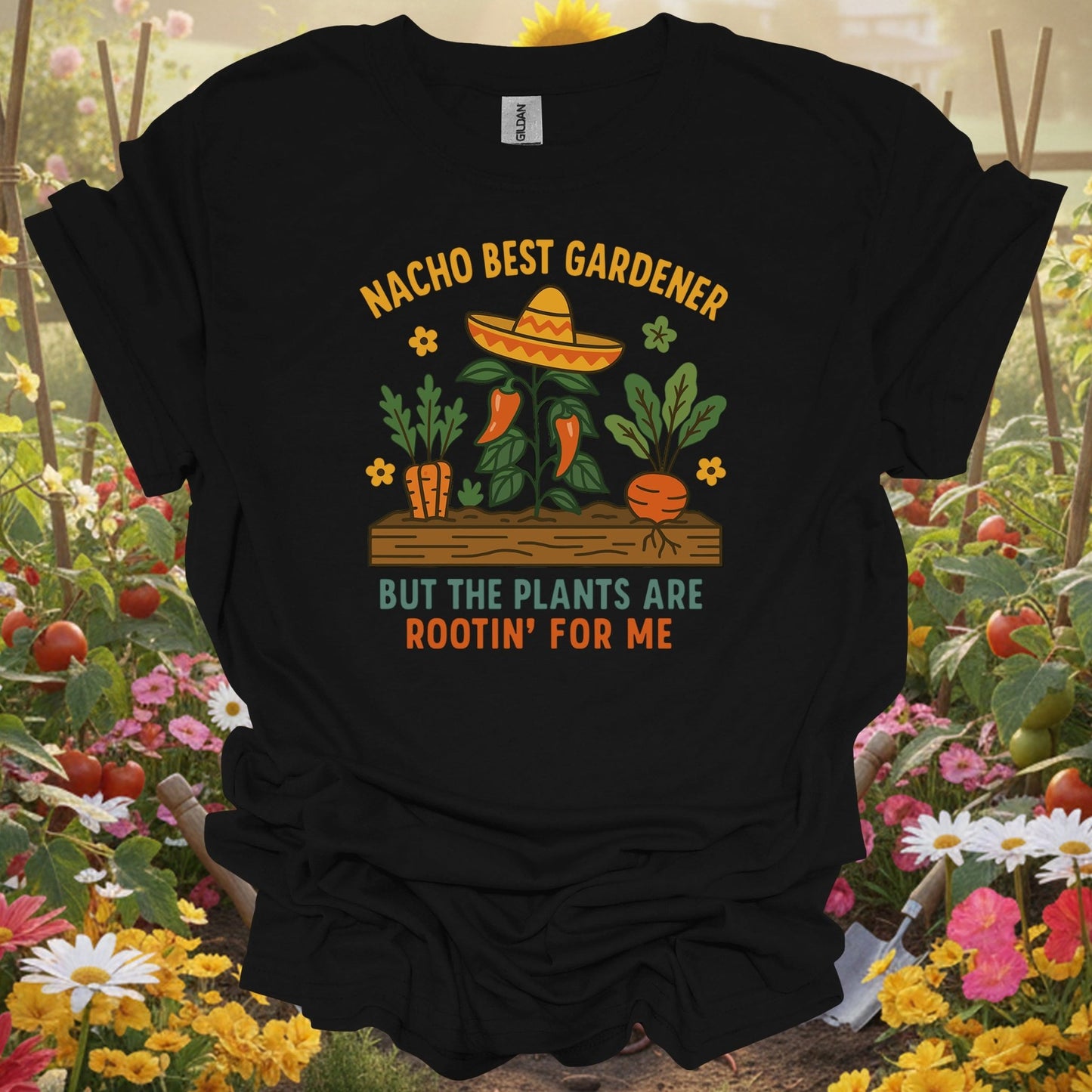 Black shirt showing nacho best gardener funny botanical for outdoor enthusiasts