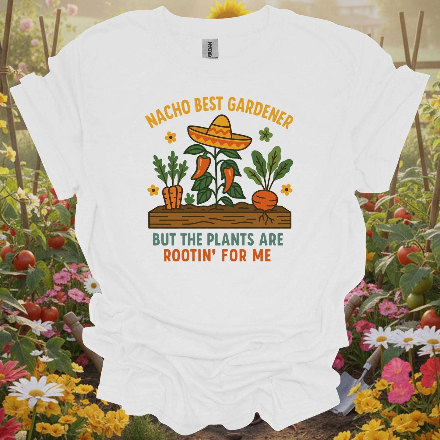 White tshirt showing nacho best gardener funny botanical for gardening enthusiasts