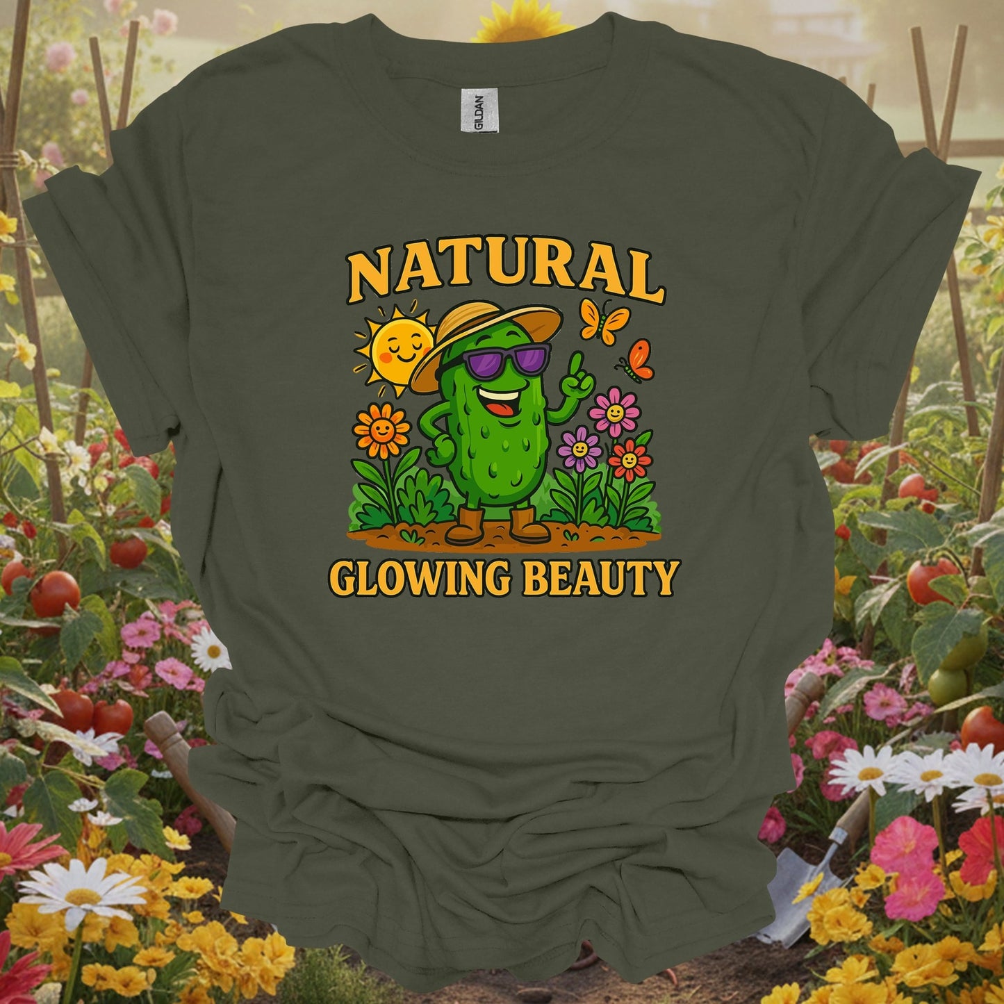 Military Green top showing natural glowing beauty funny pickle for nature lovers