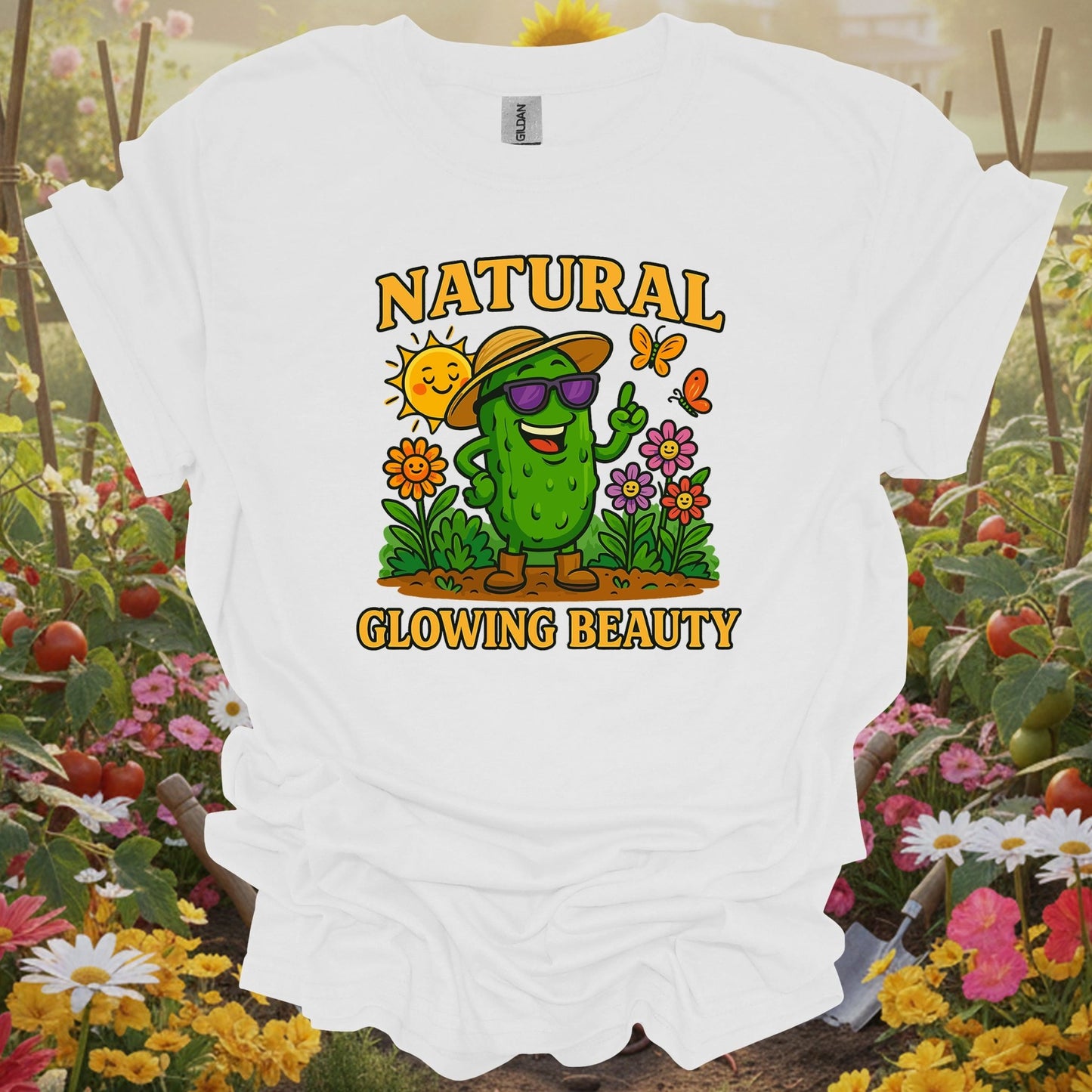 White tee showing natural glowing beauty funny pickle for garden hobbyists