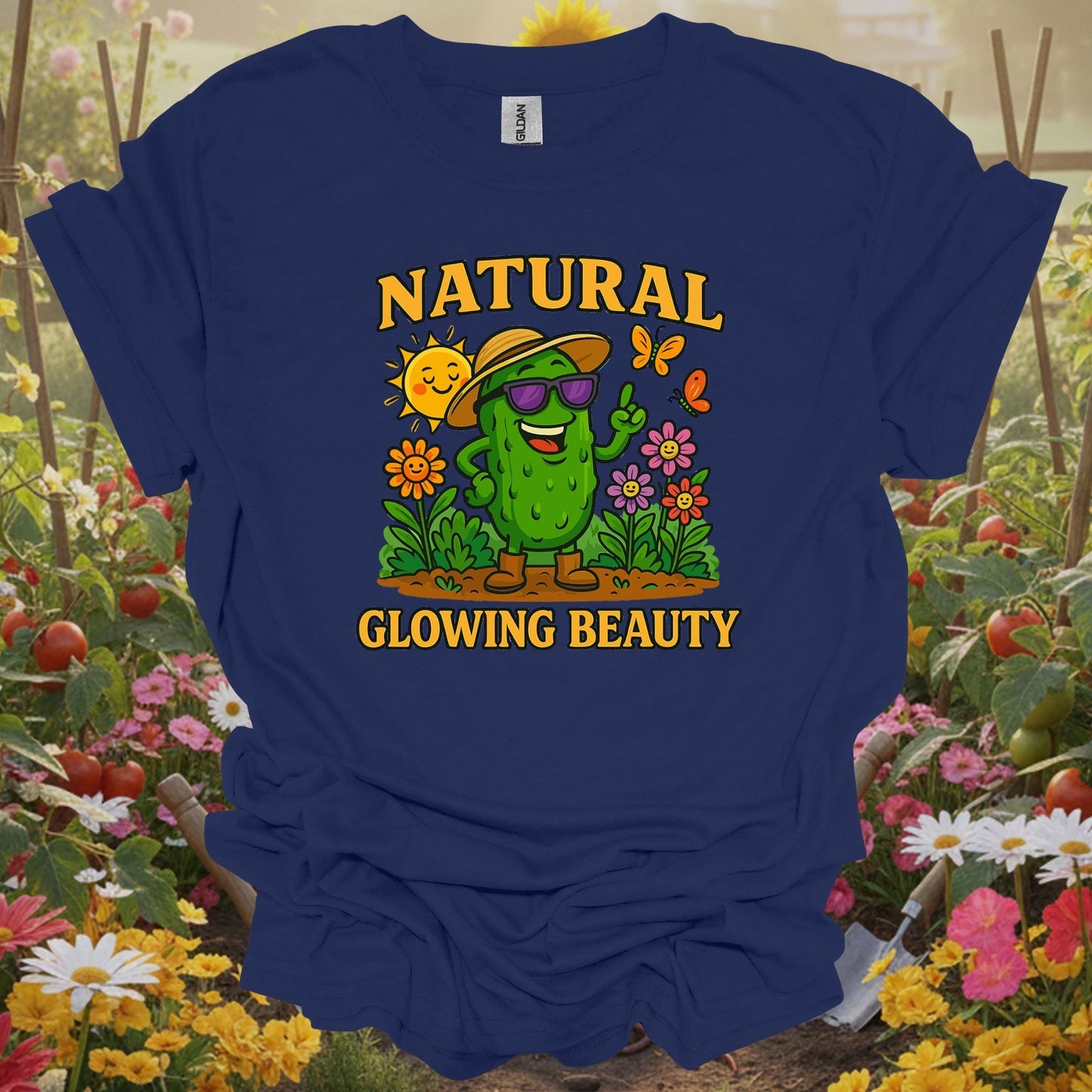 Navy top showing natural glowing beauty funny pickle for green thumb folks
