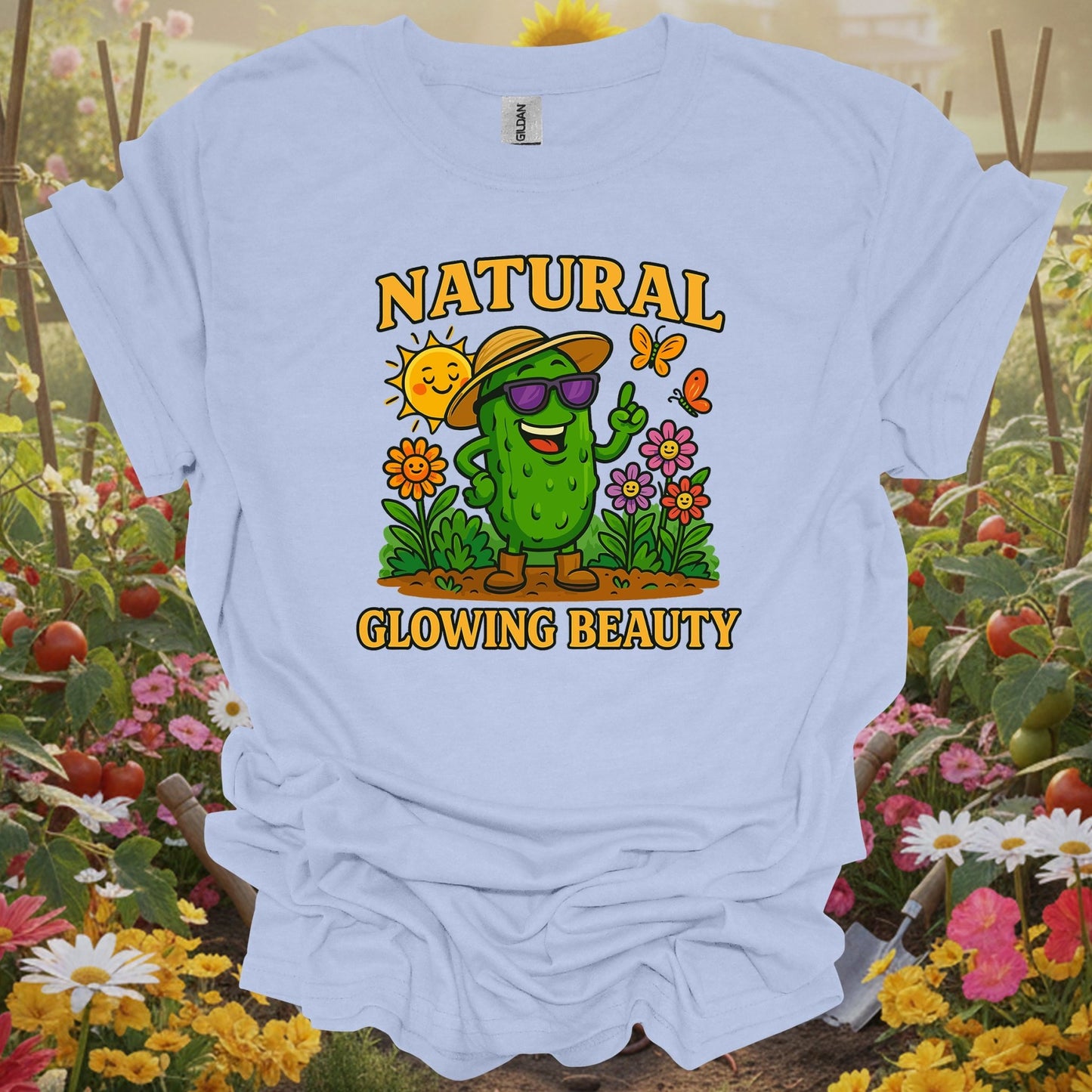 Light Blue shirt showing natural glowing beauty funny pickle for home gardeners