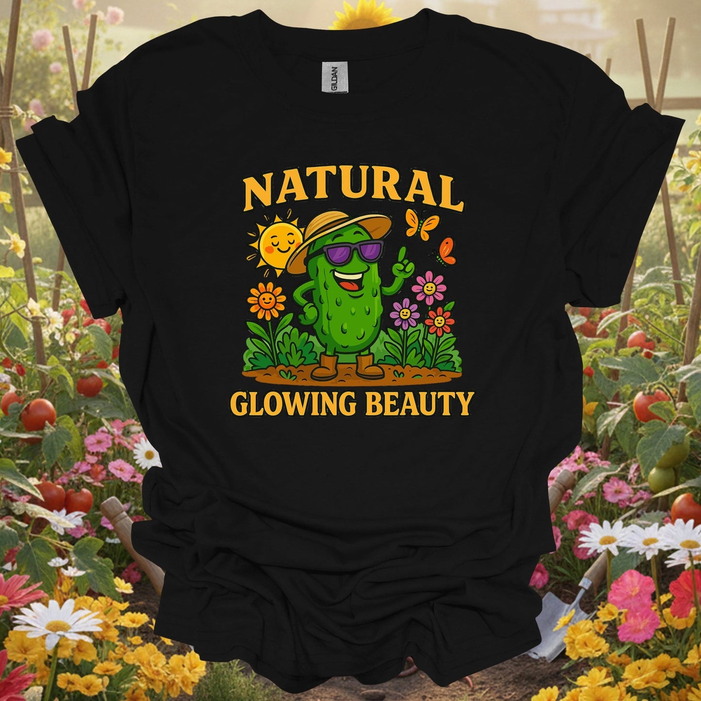 Black shirt showing natural glowing beauty funny pickle for outdoor enthusiasts