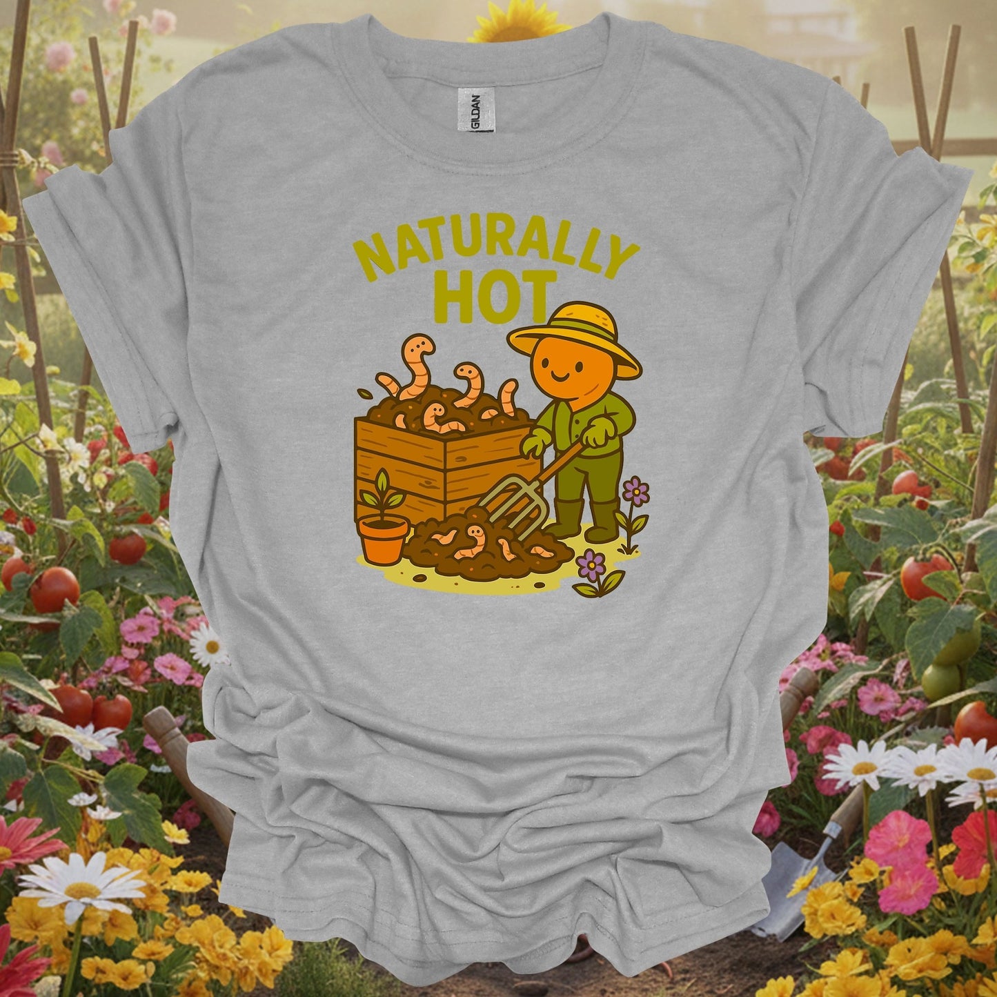 Sport Grey gardening shirt with kawaii earthworm with retro sunglasses for worm farmers, composters, eco-conscious gardeners