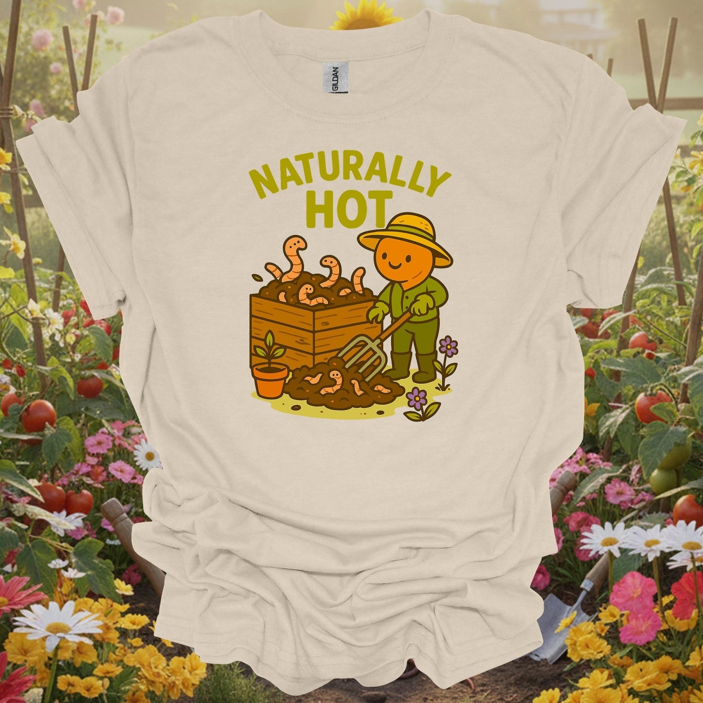 Natural gardening shirt with kawaii earthworm with retro sunglasses for worm farmers, composters, eco-conscious gardeners