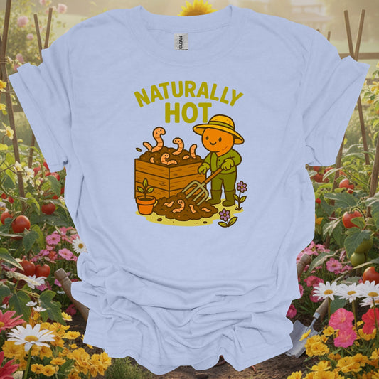 Light Blue gardening shirt with kawaii earthworm with retro sunglasses for worm farmers, composters, eco-conscious gardeners
