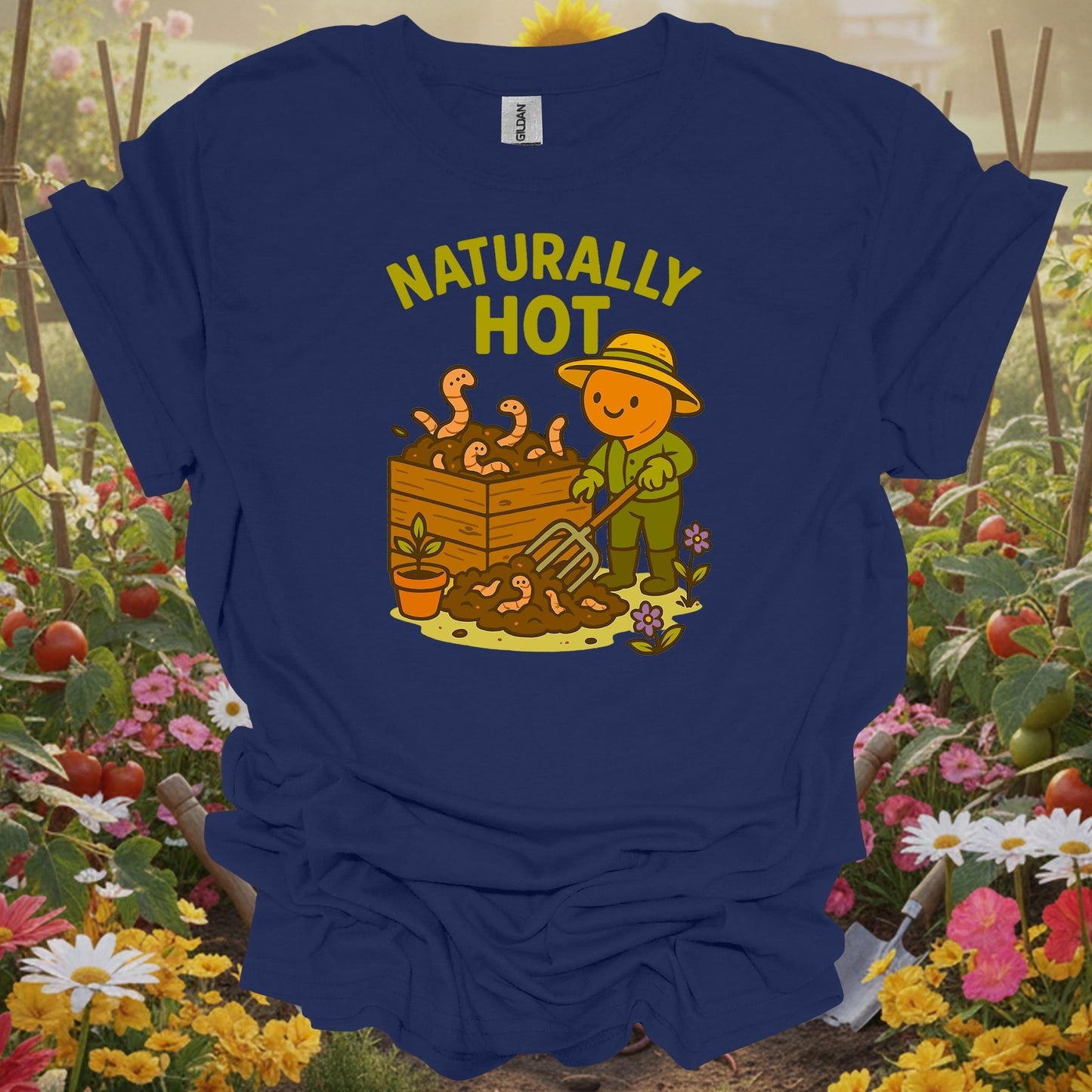 Navy gardening shirt with kawaii earthworm with retro sunglasses for worm farmers, composters, eco-conscious gardeners