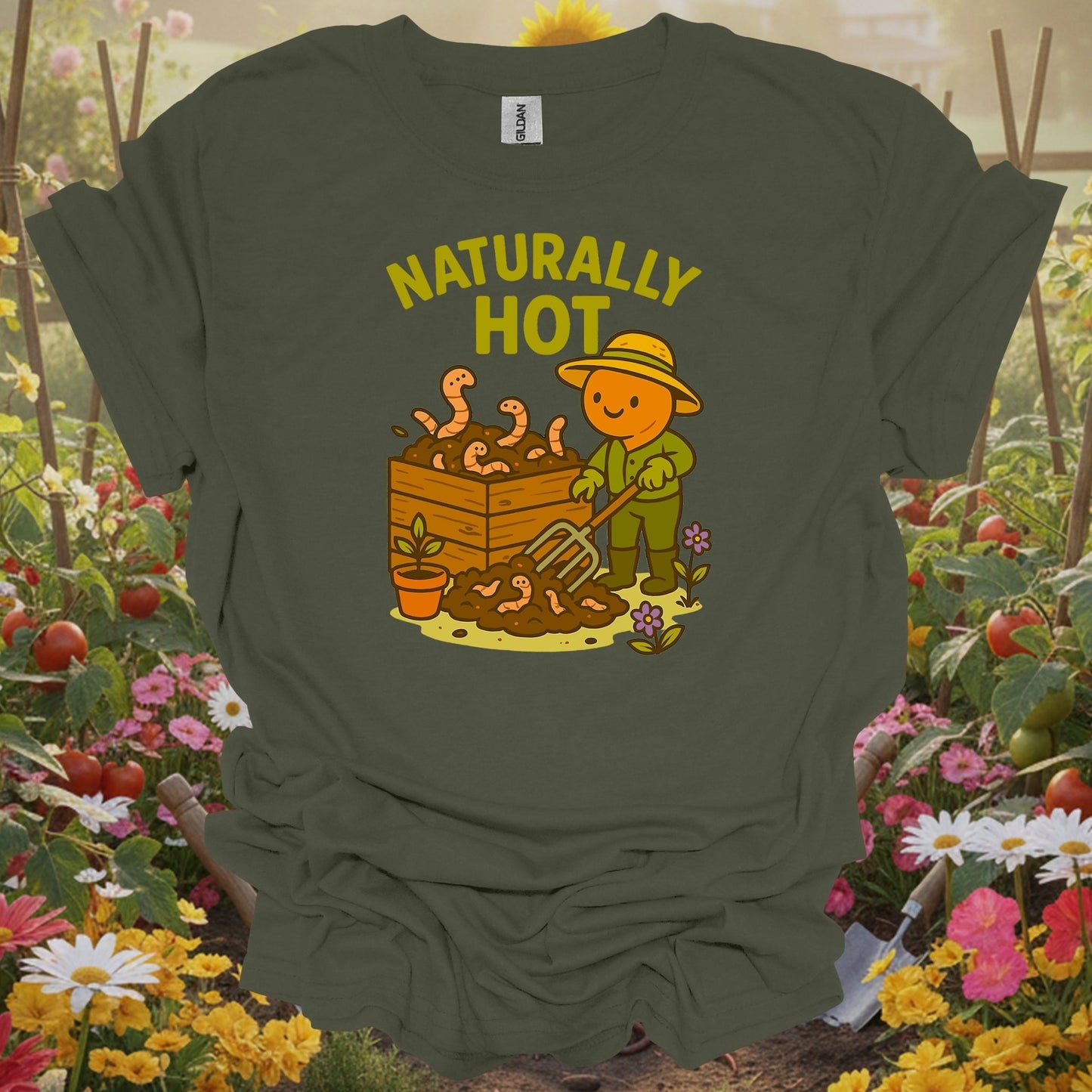 Military Green gardening shirt with kawaii earthworm with retro sunglasses for worm farmers, composters, eco-conscious gardeners