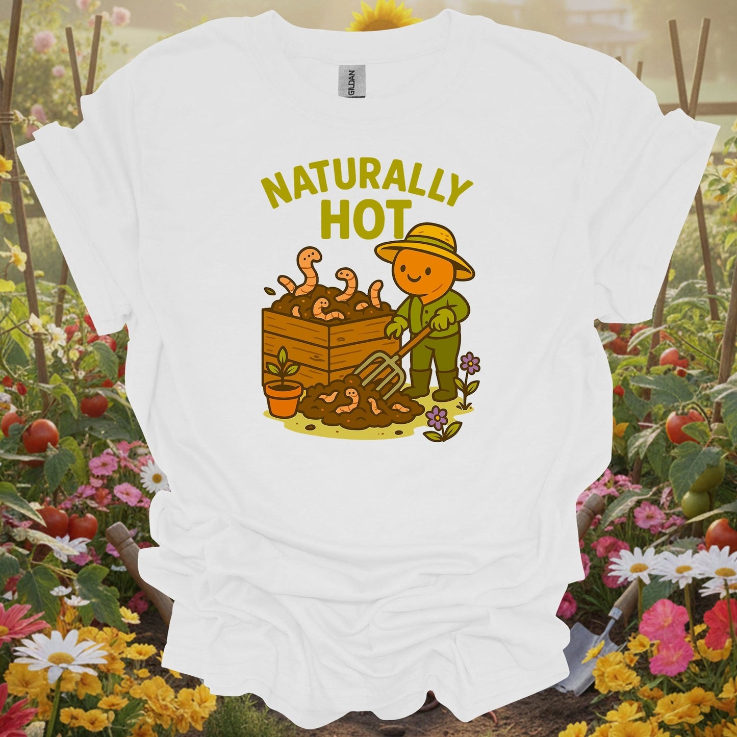 White gardening shirt with kawaii earthworm with retro sunglasses for worm farmers, composters, eco-conscious gardeners