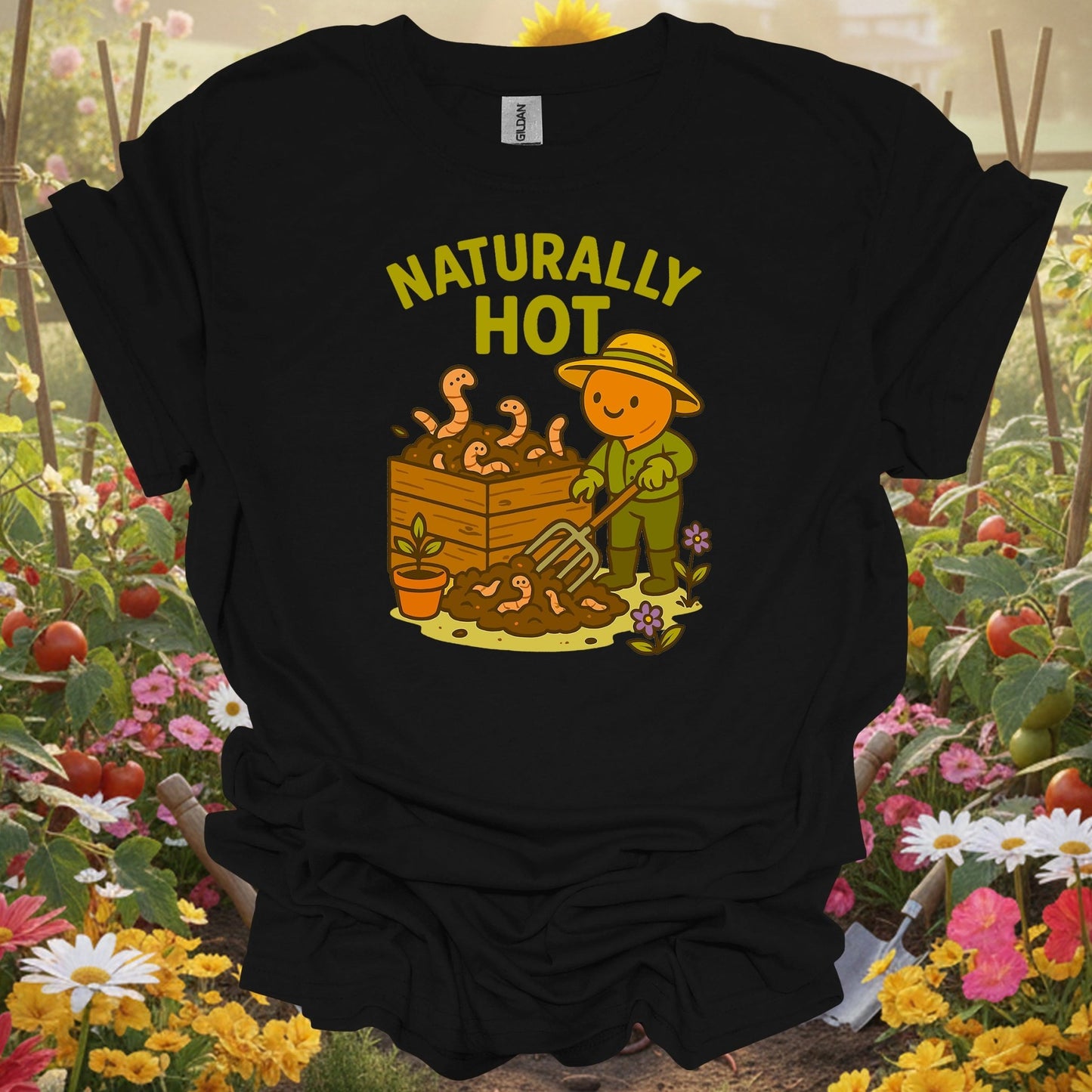 Black gardening shirt with kawaii earthworm with retro sunglasses for worm farmers, composters, eco-conscious gardeners