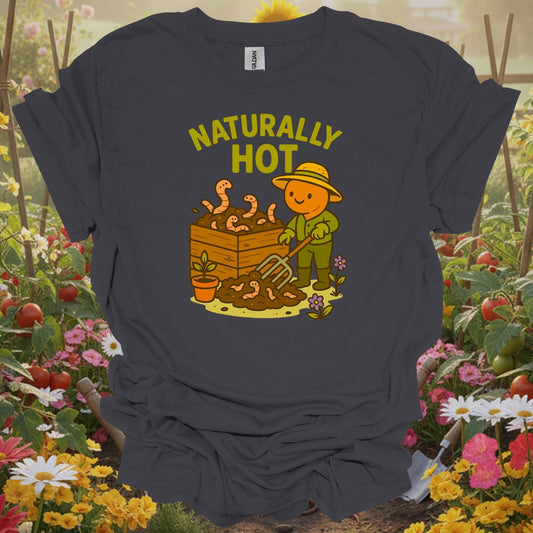 Charcoal gardening shirt with kawaii earthworm with retro sunglasses for worm farmers, composters, eco-conscious gardeners