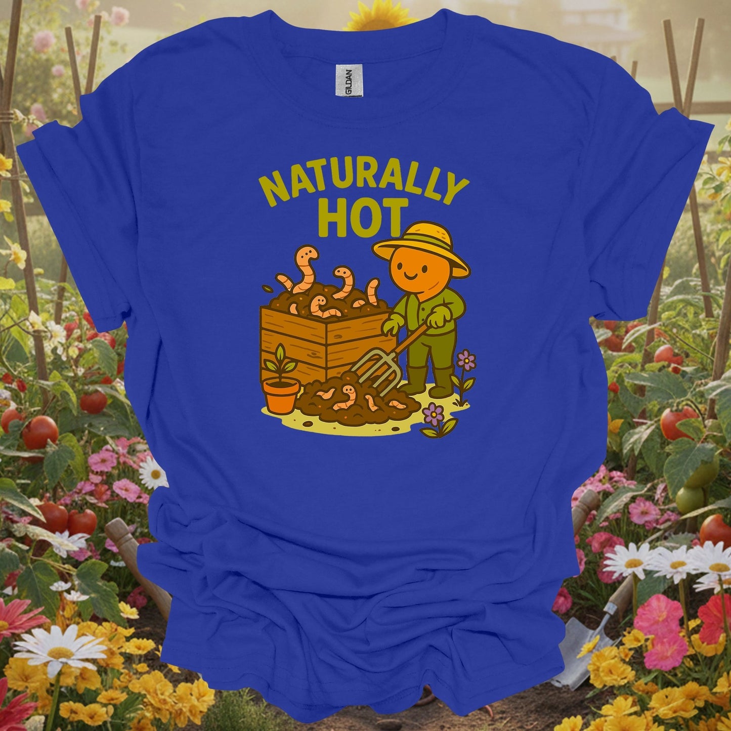 Royal gardening shirt with kawaii earthworm with retro sunglasses for worm farmers, composters, eco-conscious gardeners