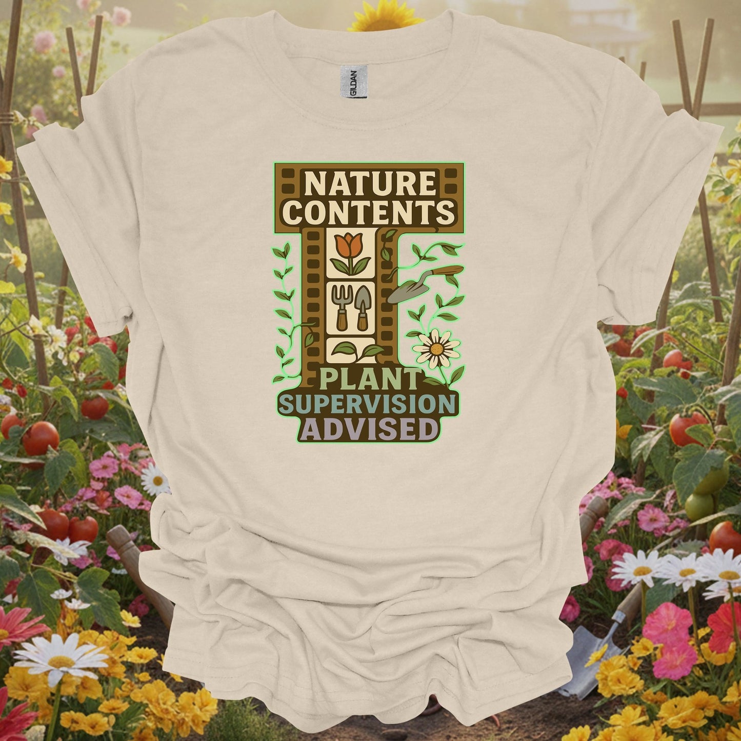 Natural apparel featuring a plant supervision theme on a soft shirt that honors the simple beauty of a life in the garden.