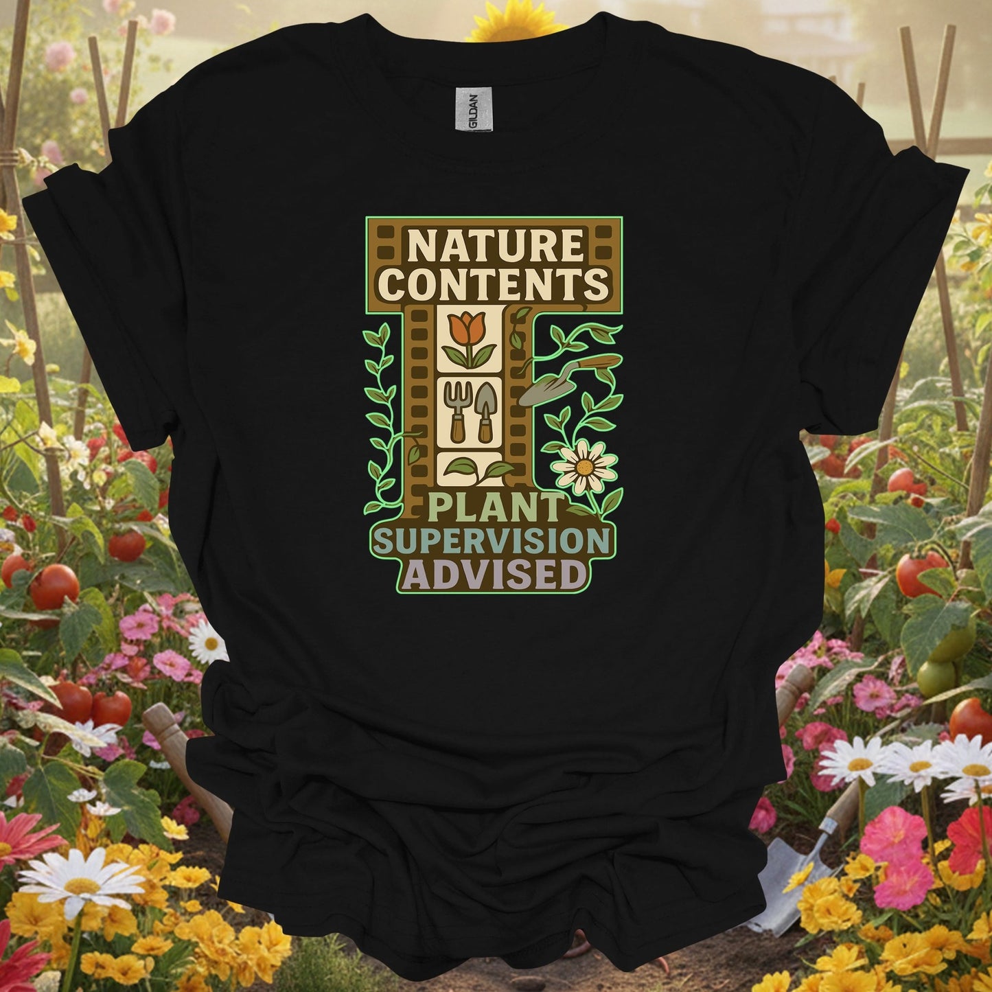 Black t-shirt with a vibrant film strip theme that fits a modern slow-living garden lifestyle and earthy aesthetic.