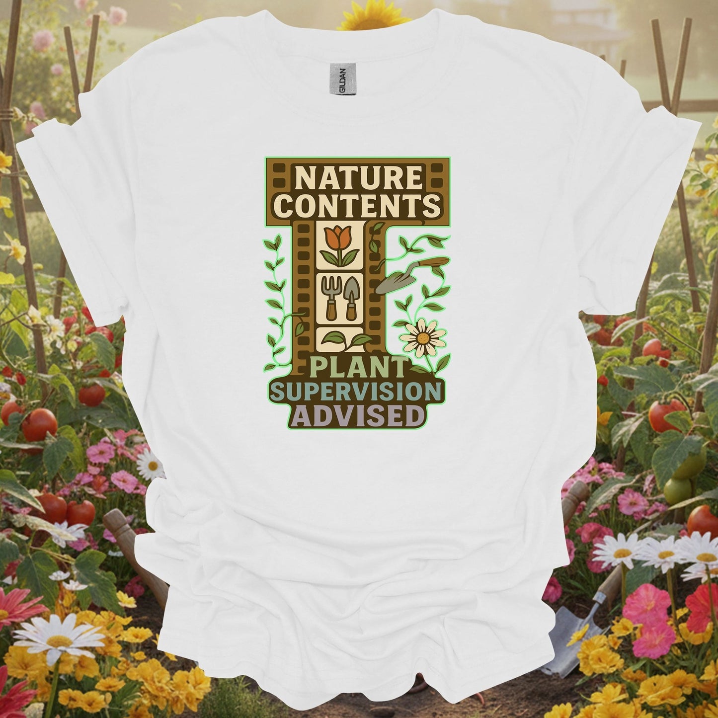 White shirt featuring a nostalgic nature contents design on a classic T-shirt for anyone who finds peace in their garden beds.