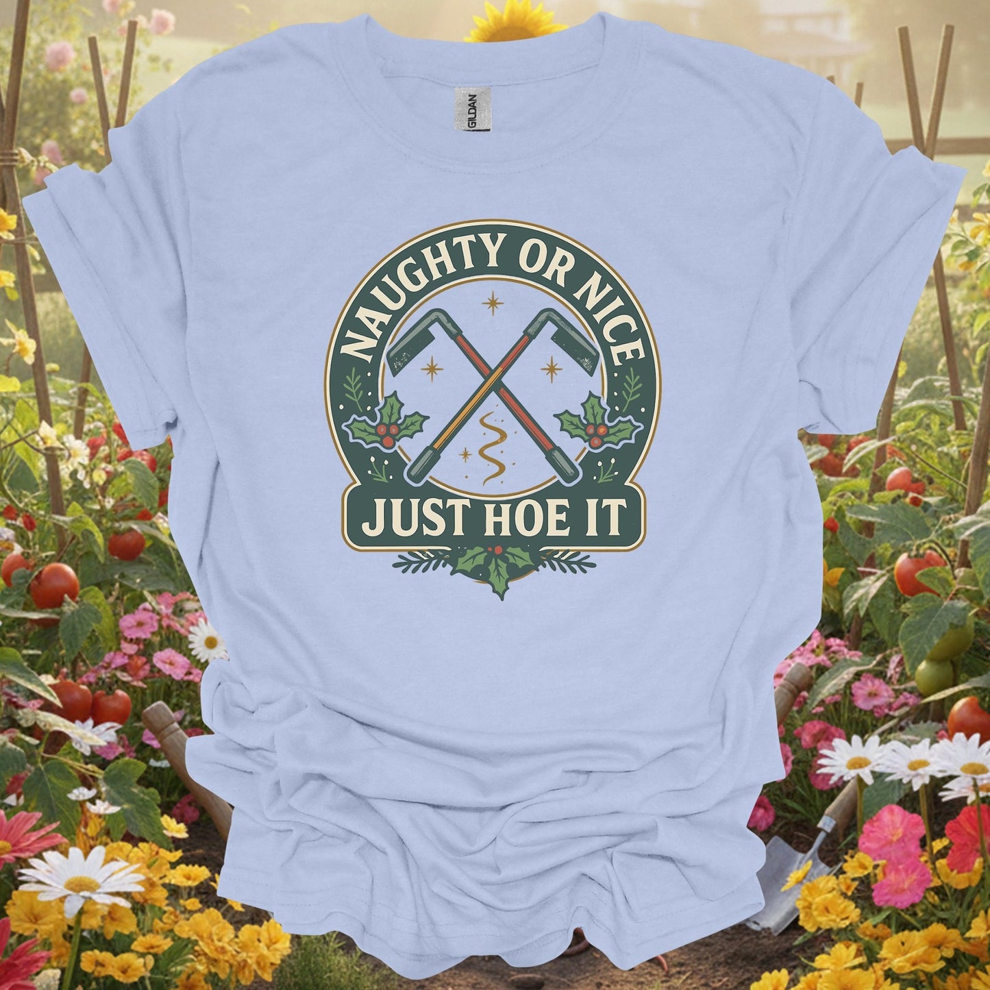 "Naughty Or Nice Just Hoe It" Vintage Style Gardening Tools Badge Shirt - GardeningTshirts