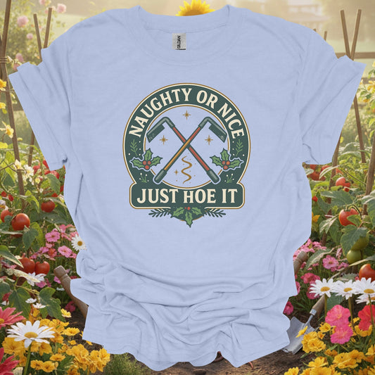 "Naughty Or Nice Just Hoe It" Vintage Style Gardening Tools Badge Shirt - GardeningTshirts