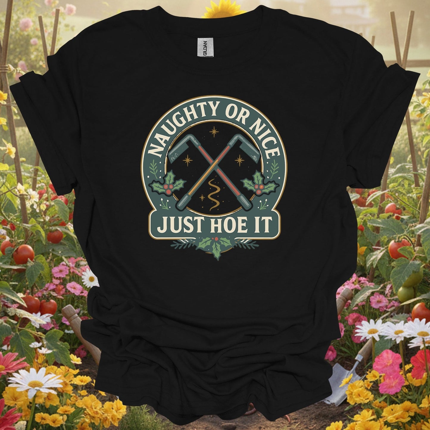 "Naughty Or Nice Just Hoe It" Vintage Style Gardening Tools Badge Shirt - GardeningTshirts