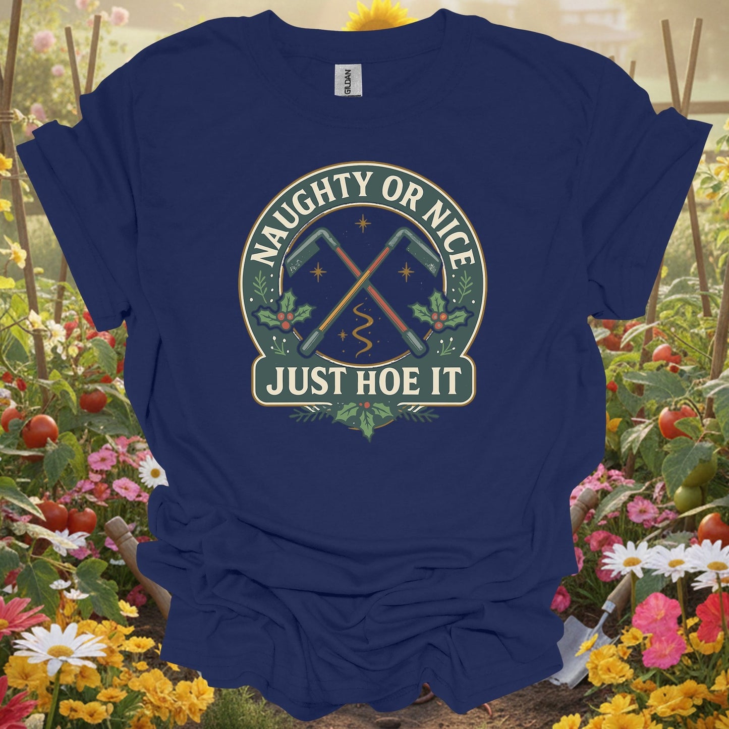"Naughty Or Nice Just Hoe It" Vintage Style Gardening Tools Badge Shirt - GardeningTshirts