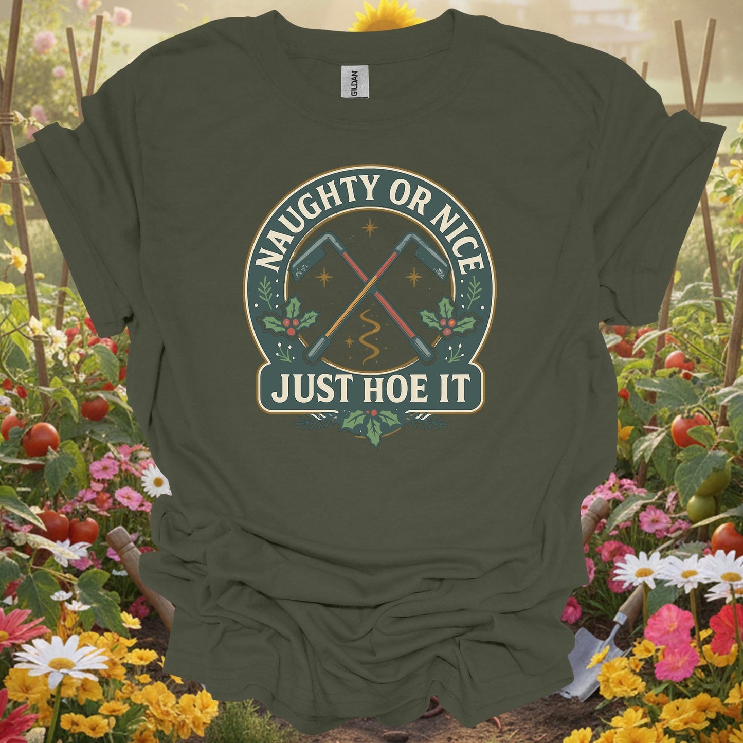 "Naughty Or Nice Just Hoe It" Vintage Style Gardening Tools Badge Shirt - GardeningTshirts
