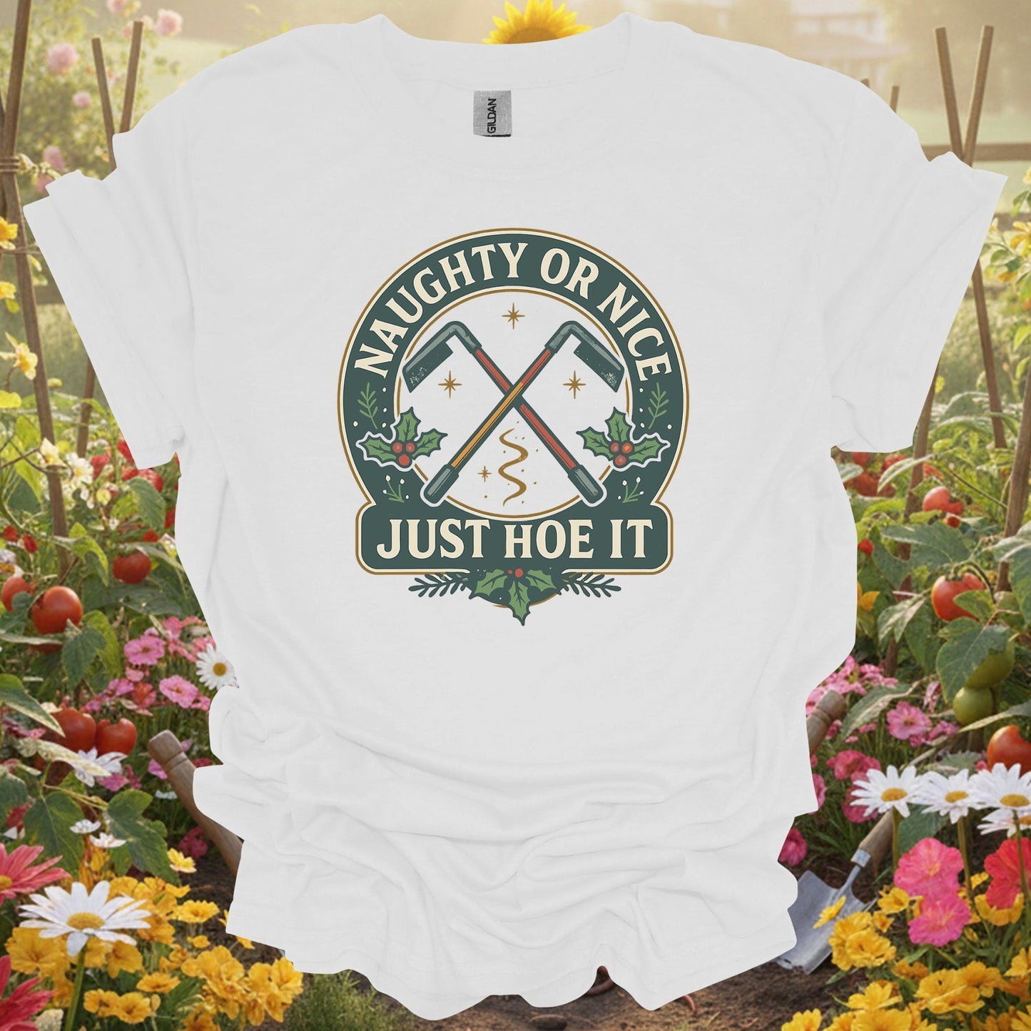 "Naughty Or Nice Just Hoe It" Vintage Style Gardening Tools Badge Shirt - GardeningTshirts