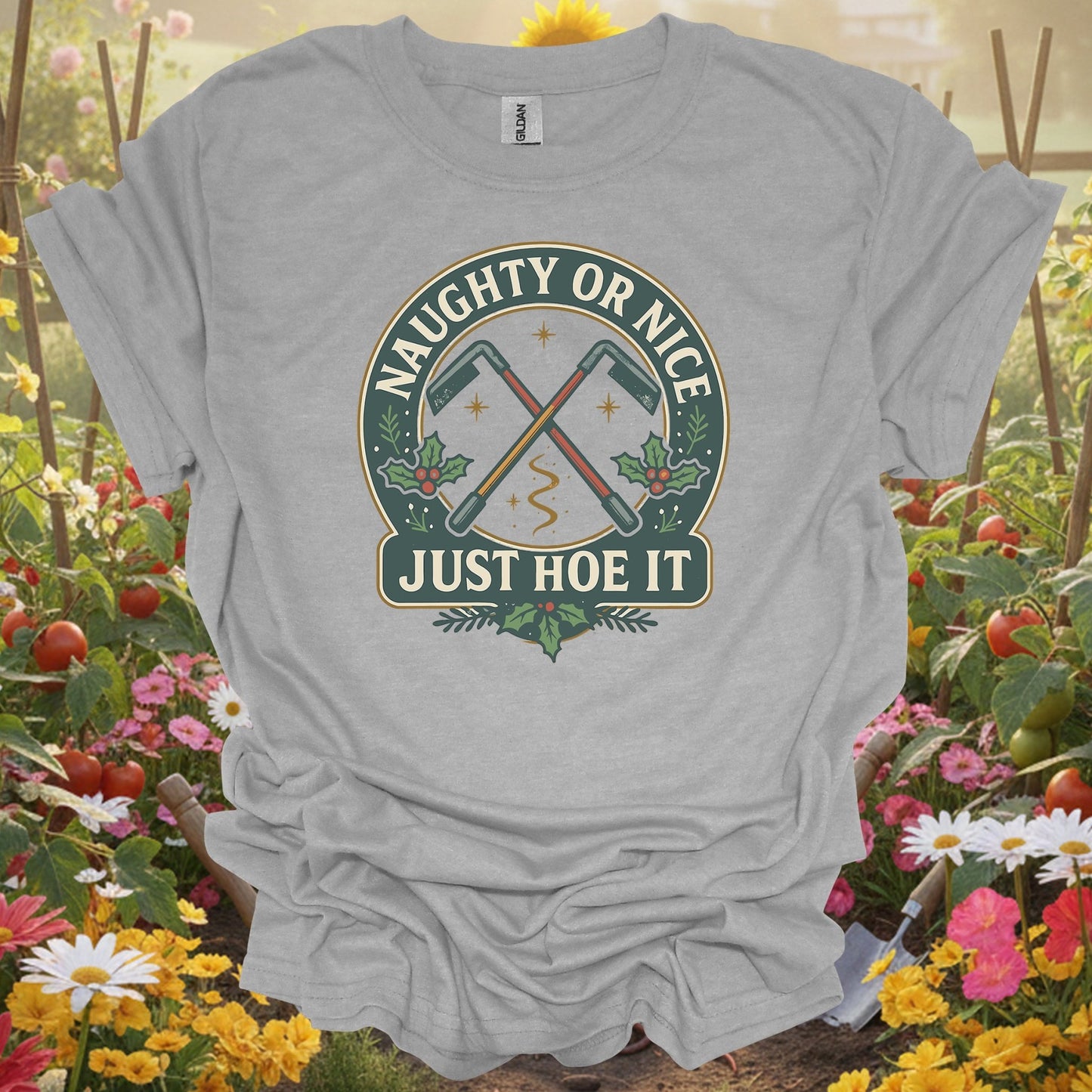 "Naughty Or Nice Just Hoe It" Vintage Style Gardening Tools Badge Shirt - GardeningTshirts
