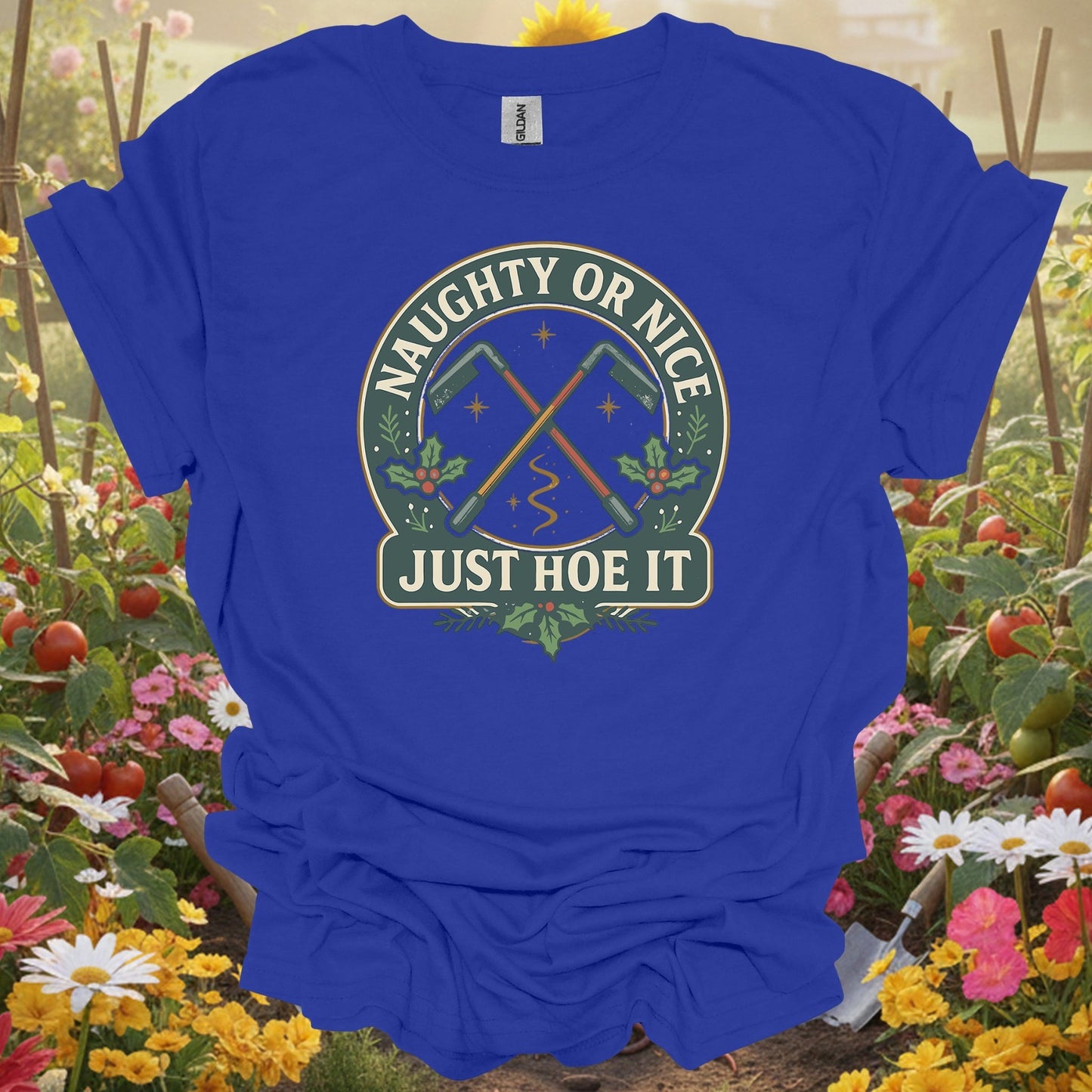 "Naughty Or Nice Just Hoe It" Vintage Style Gardening Tools Badge Shirt - GardeningTshirts
