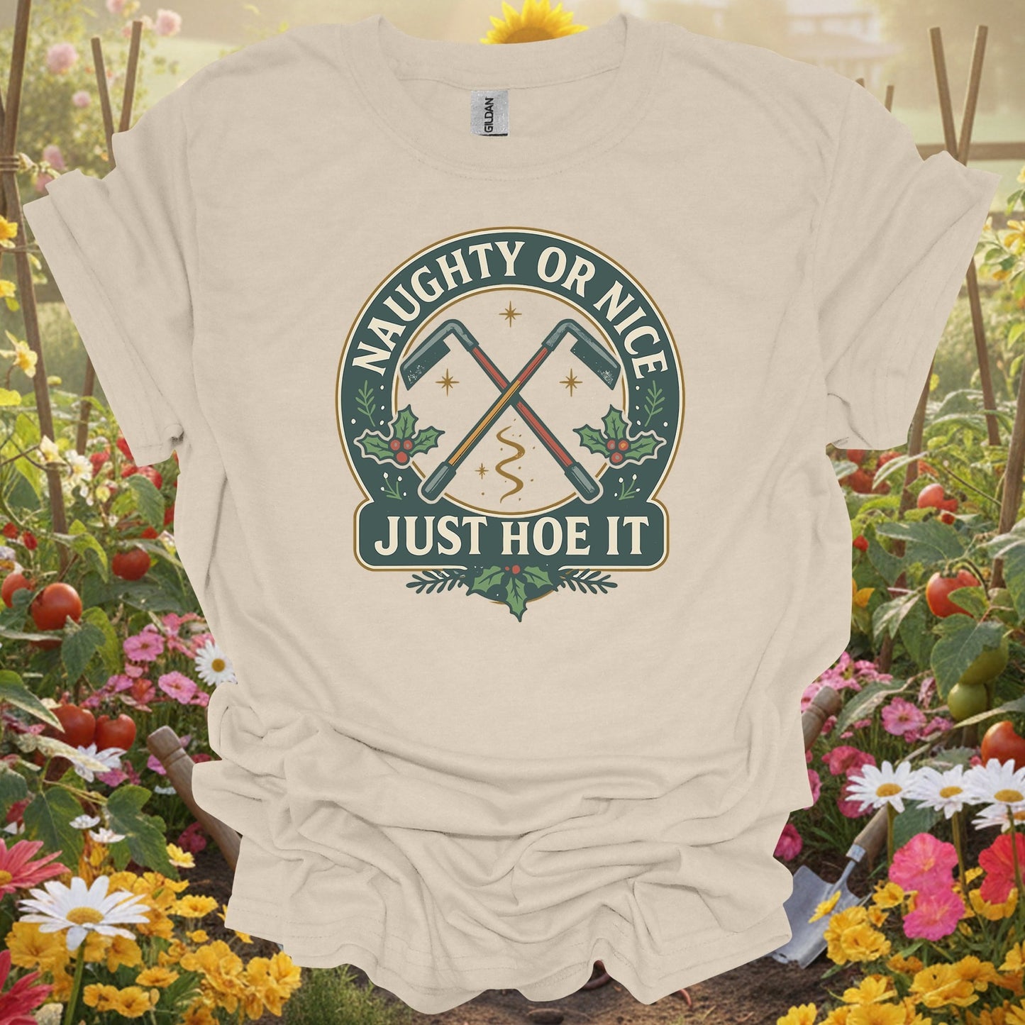 "Naughty Or Nice Just Hoe It" Vintage Style Gardening Tools Badge Shirt - GardeningTshirts