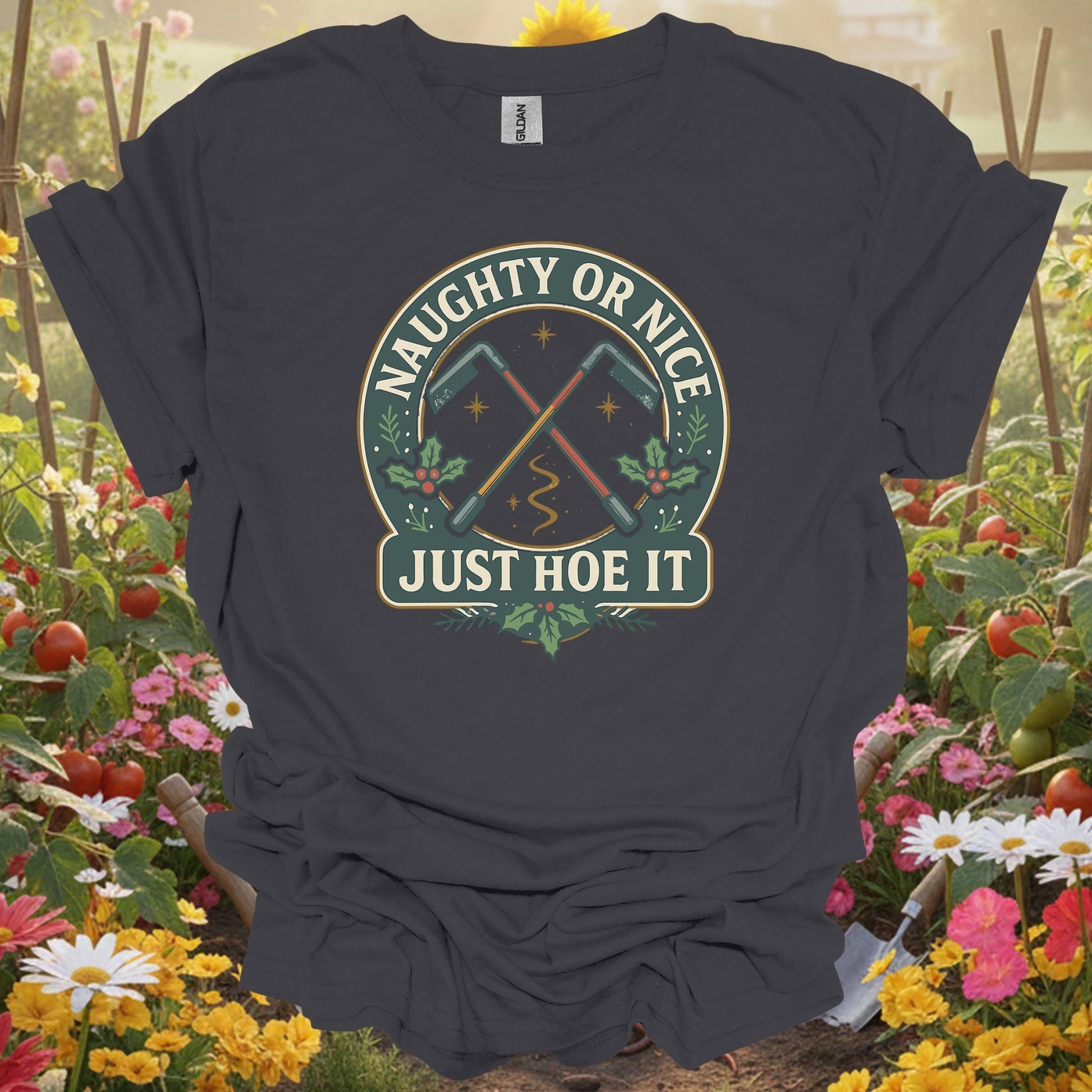 "Naughty Or Nice Just Hoe It" Vintage Style Gardening Tools Badge Shirt - GardeningTshirts