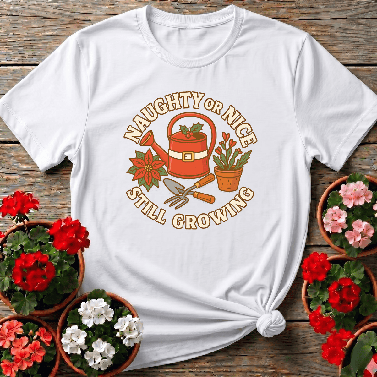 White cottagecore Christmas gardening shirt with poinsettia watering can design for plant moms