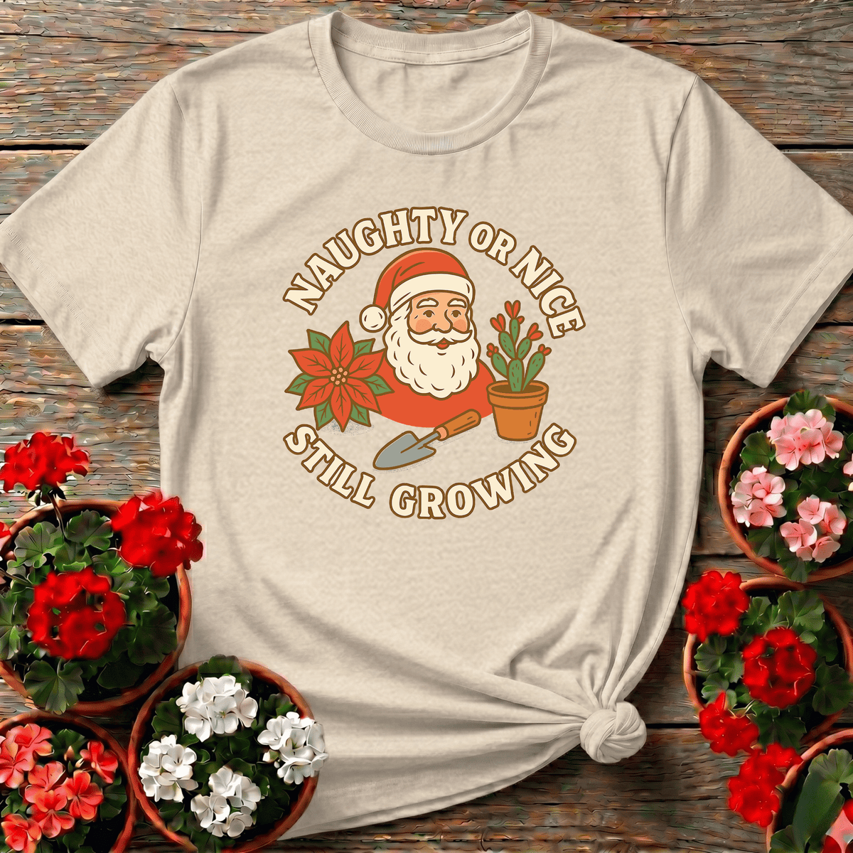 Natural warm vintage holiday gardening shirt with Santa trowel and poinsettia badge for plant moms
