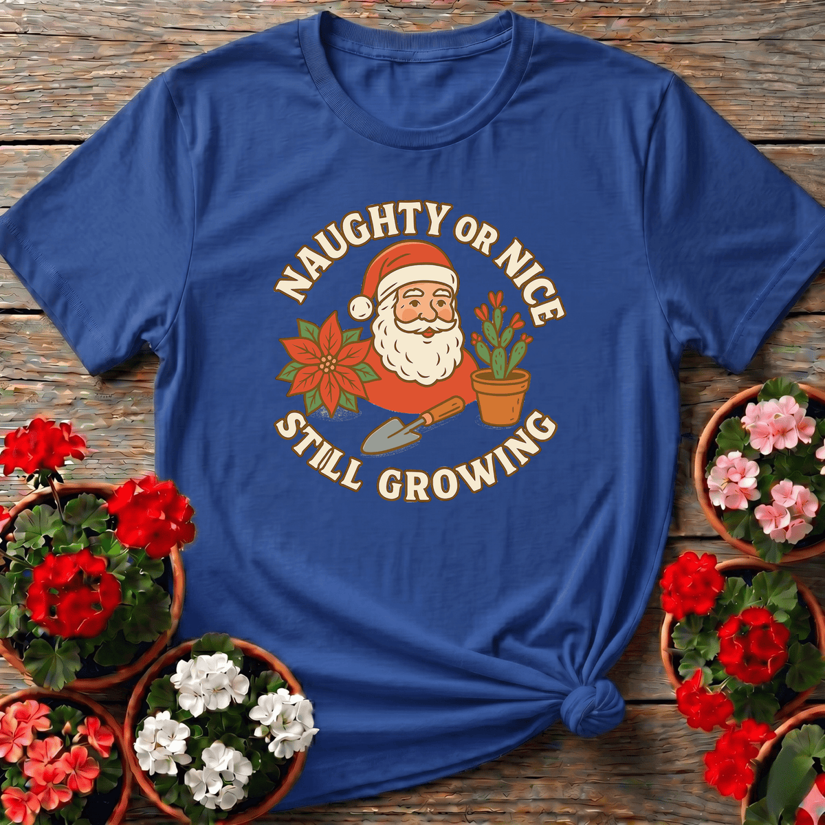 Royal warm retro holiday gardening tee with Santa cactus and trowel design for plant lovers