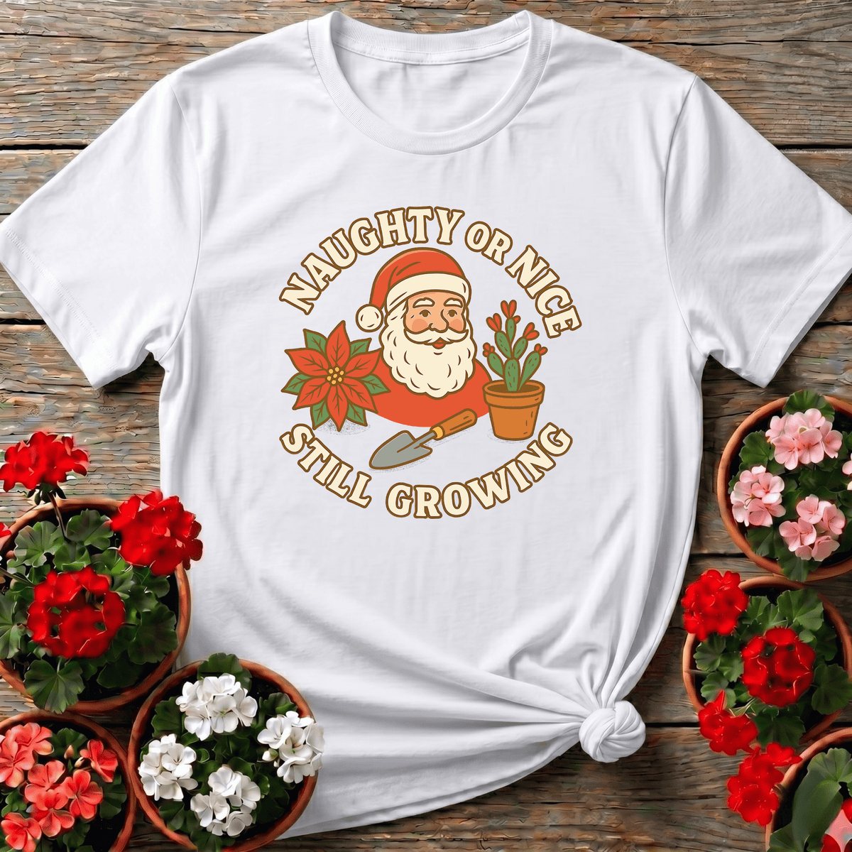 White vintage cottagecore holiday gardening shirt with Santa trowel and poinsettia for plant moms