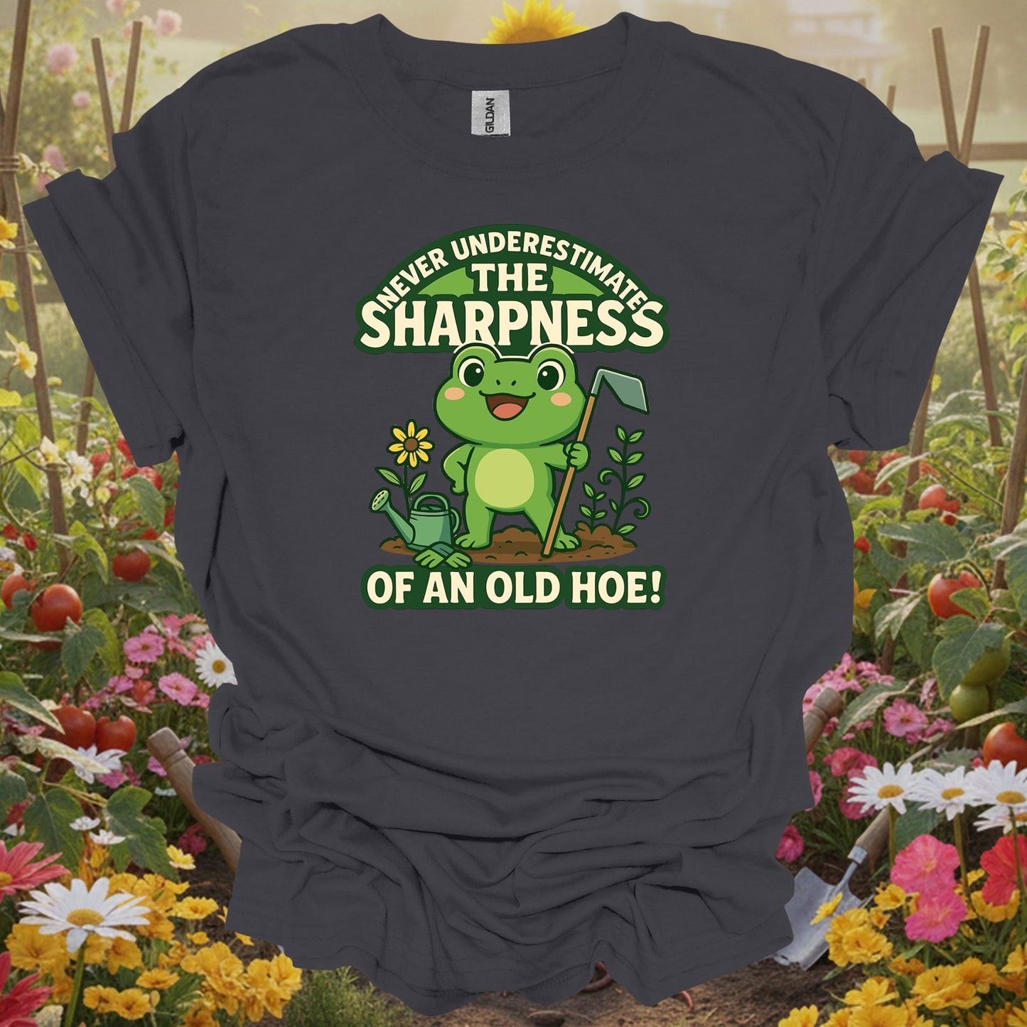 Charcoal tee showing never underestimate the sharpness of an old hoe funny tee for folks who love garden puns