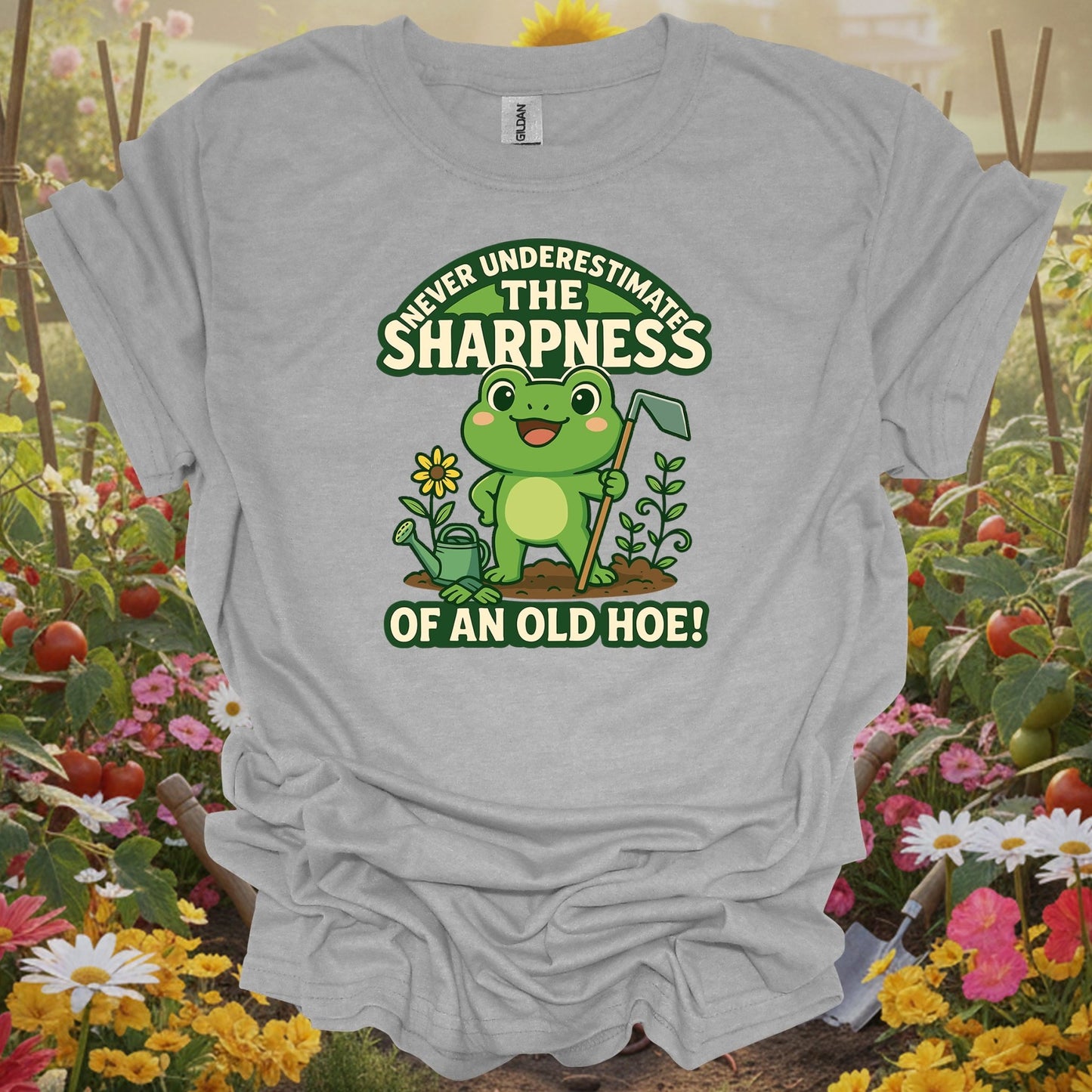 Sport gray tee showing never underestimate the sharpness of an old hoe funny tee for lighthearted plant parents
