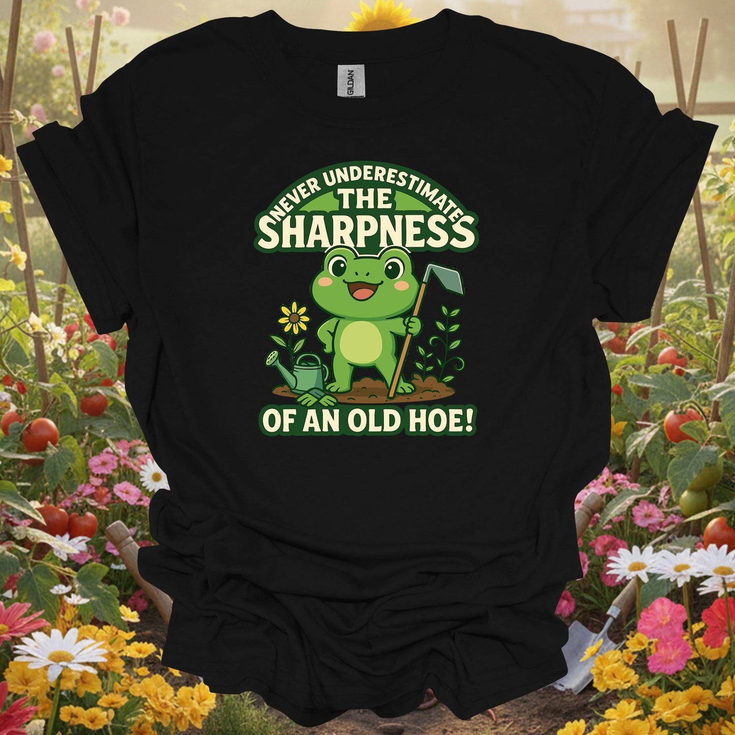 Black shirt showing never underestimate the sharpness of an old hoe funny tee for folks who joke about gardening