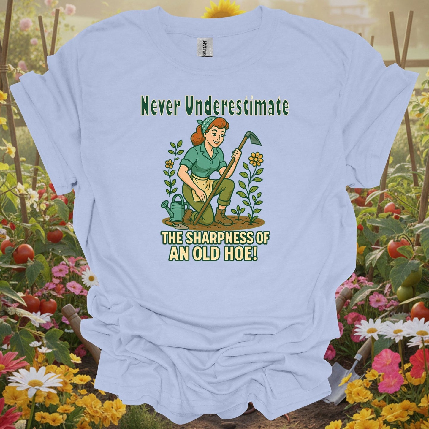 Light Blue shirt showing never underestimate the sharpness of an old hoe for home gardeners