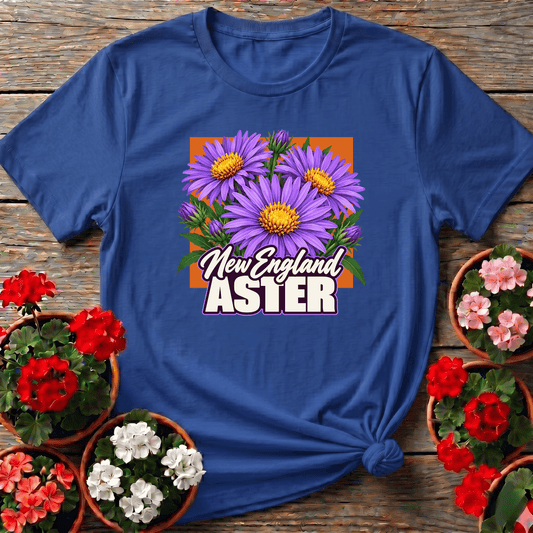 Royal bold floral native plant gardening tee featuring purple aster and golden center illustration