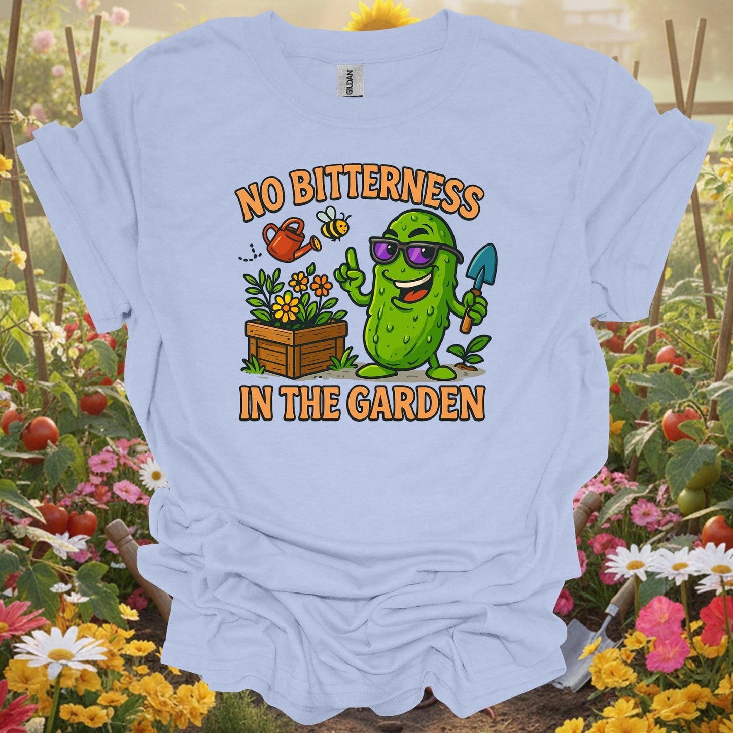 Light Blue shirt showing no bitterness in the garden funny pickle for home gardeners