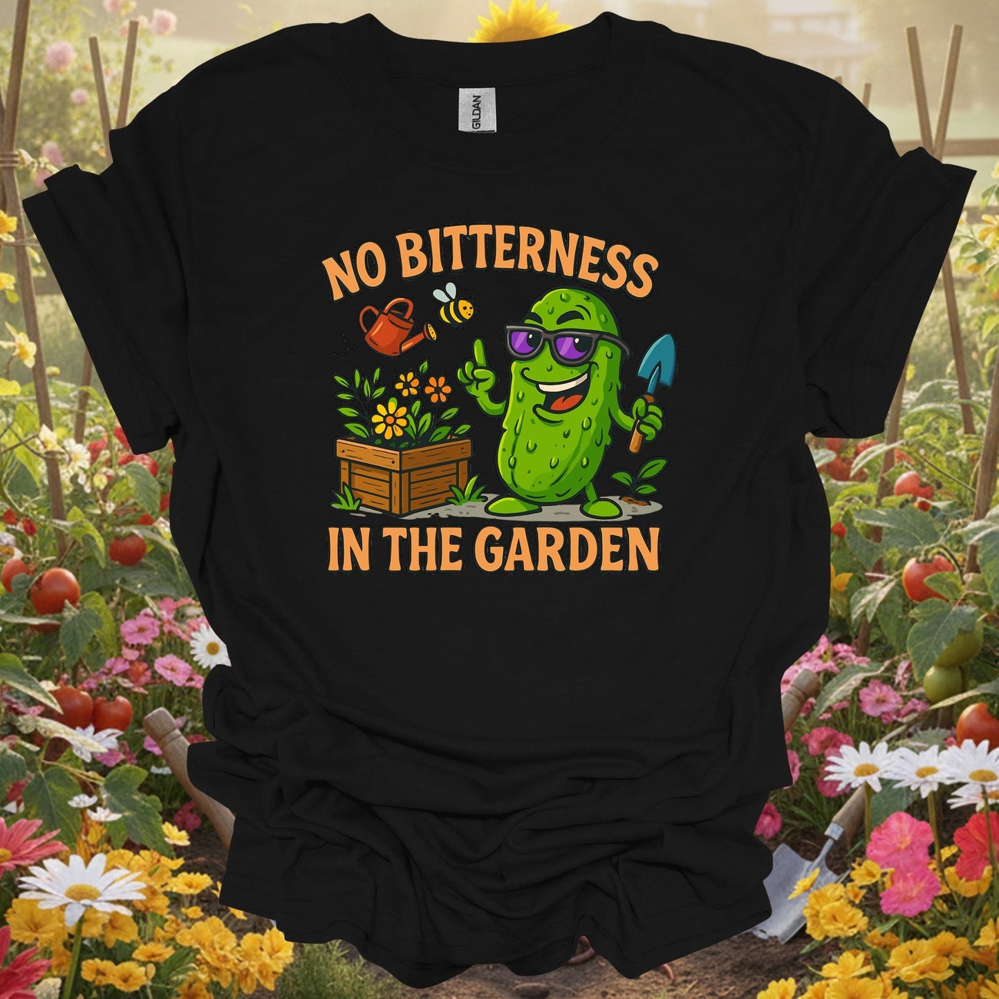 Black shirt showing no bitterness in the garden funny pickle for outdoor enthusiasts