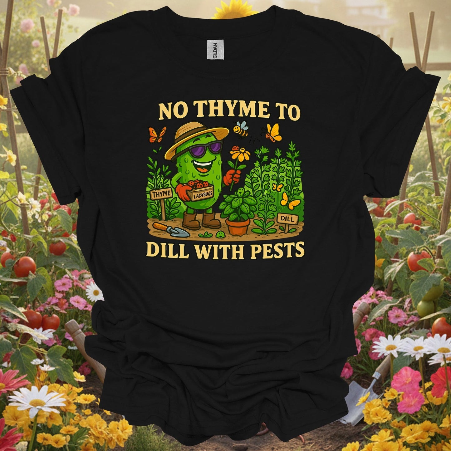 Black shirt showing no thyme to dill with pests funny pickle for outdoor enthusiasts