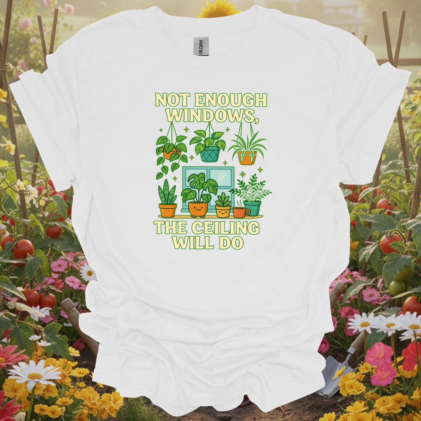 White shirt showing not enough windows the ceiling will do houseplant for outdoor enthusiasts