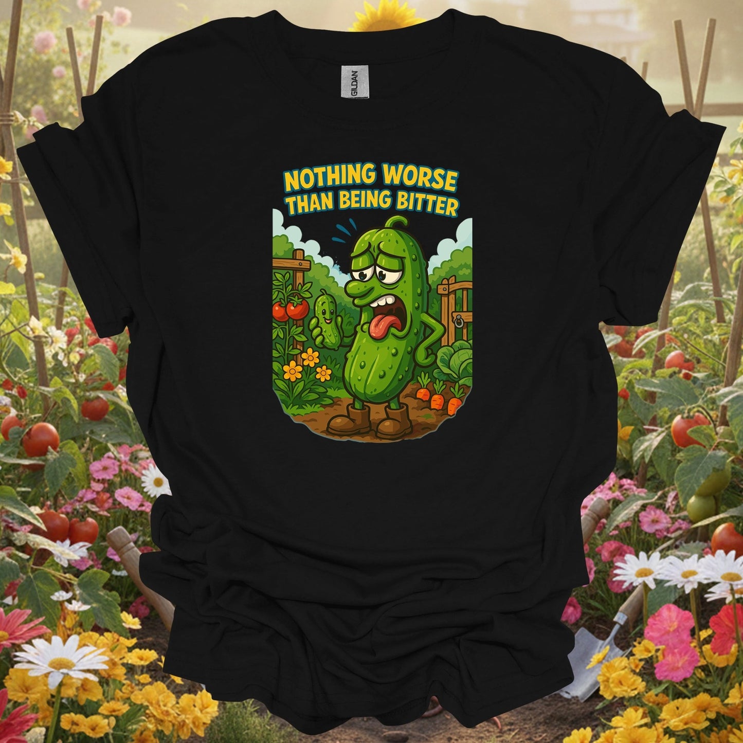 Black shirt showing grumpy bitter cucumber funny vegetable garden for folks who joke about gardening