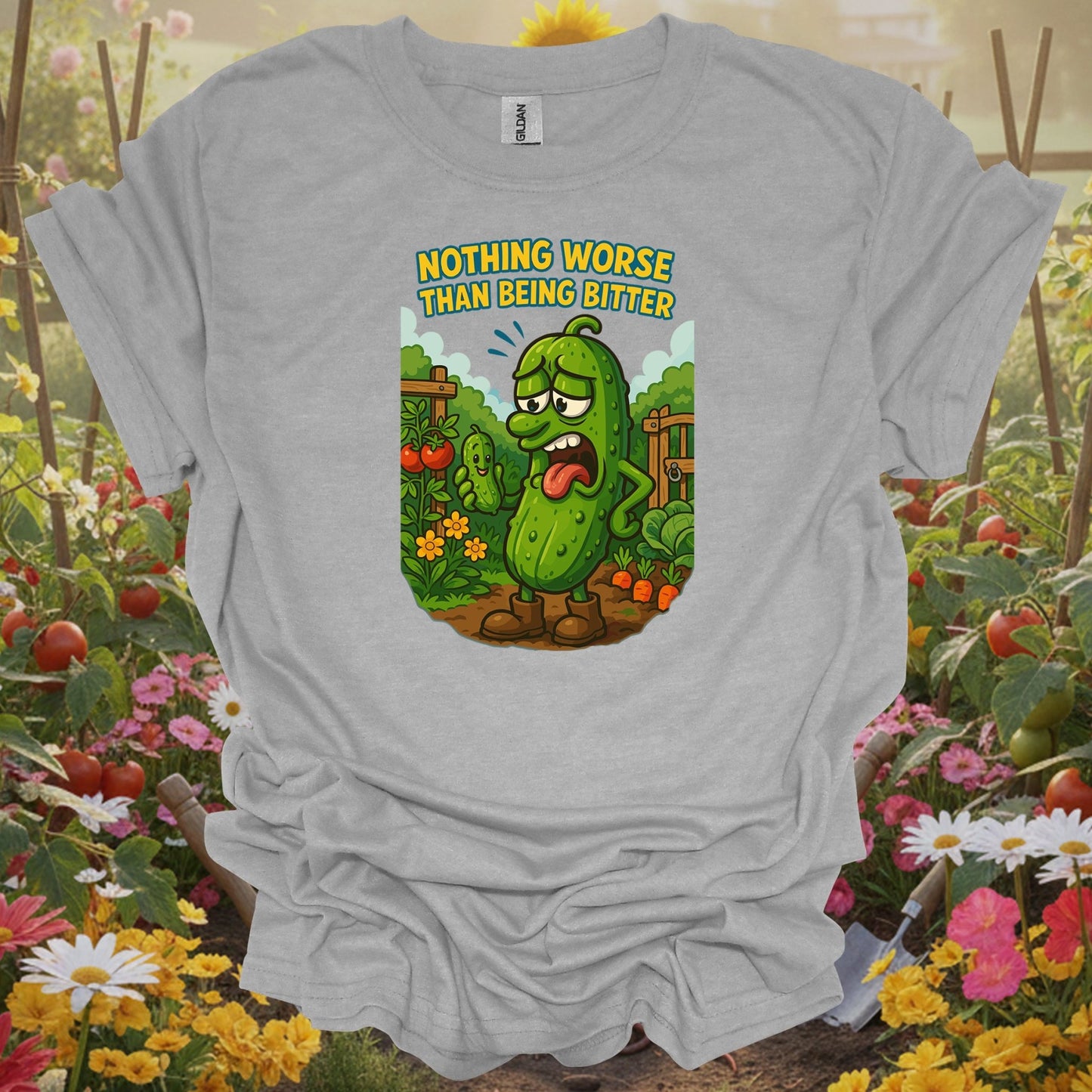 Sport Grey tshirt showing grumpy bitter cucumber funny vegetable garden for gardeners who laugh