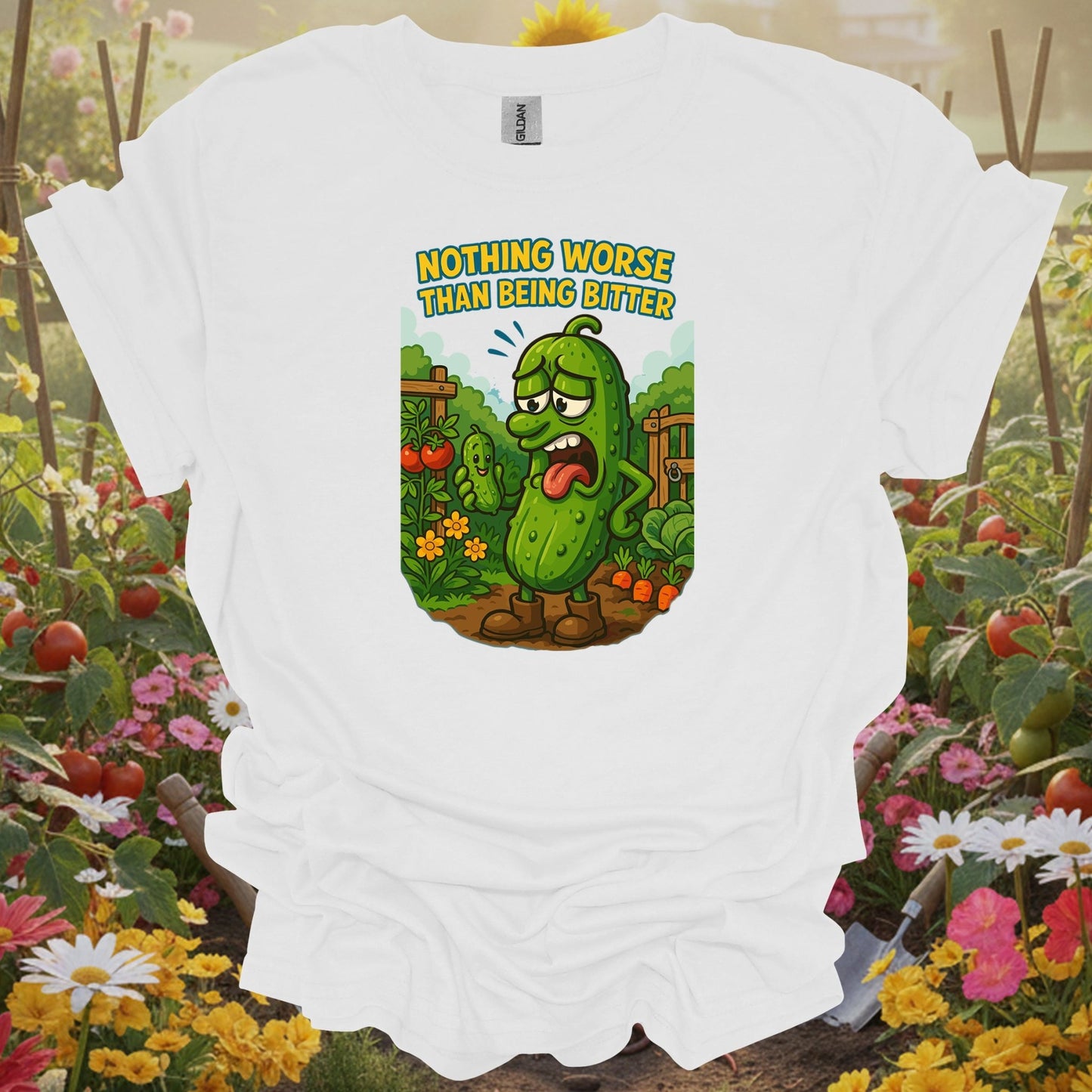 White tee showing grumpy bitter cucumber funny vegetable garden for lighthearted plant parents