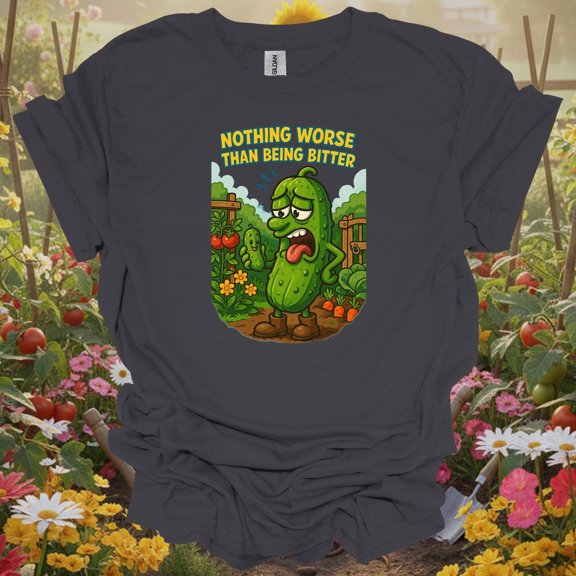 Charcoal tee showing grumpy bitter cucumber funny vegetable garden for folks who love garden puns